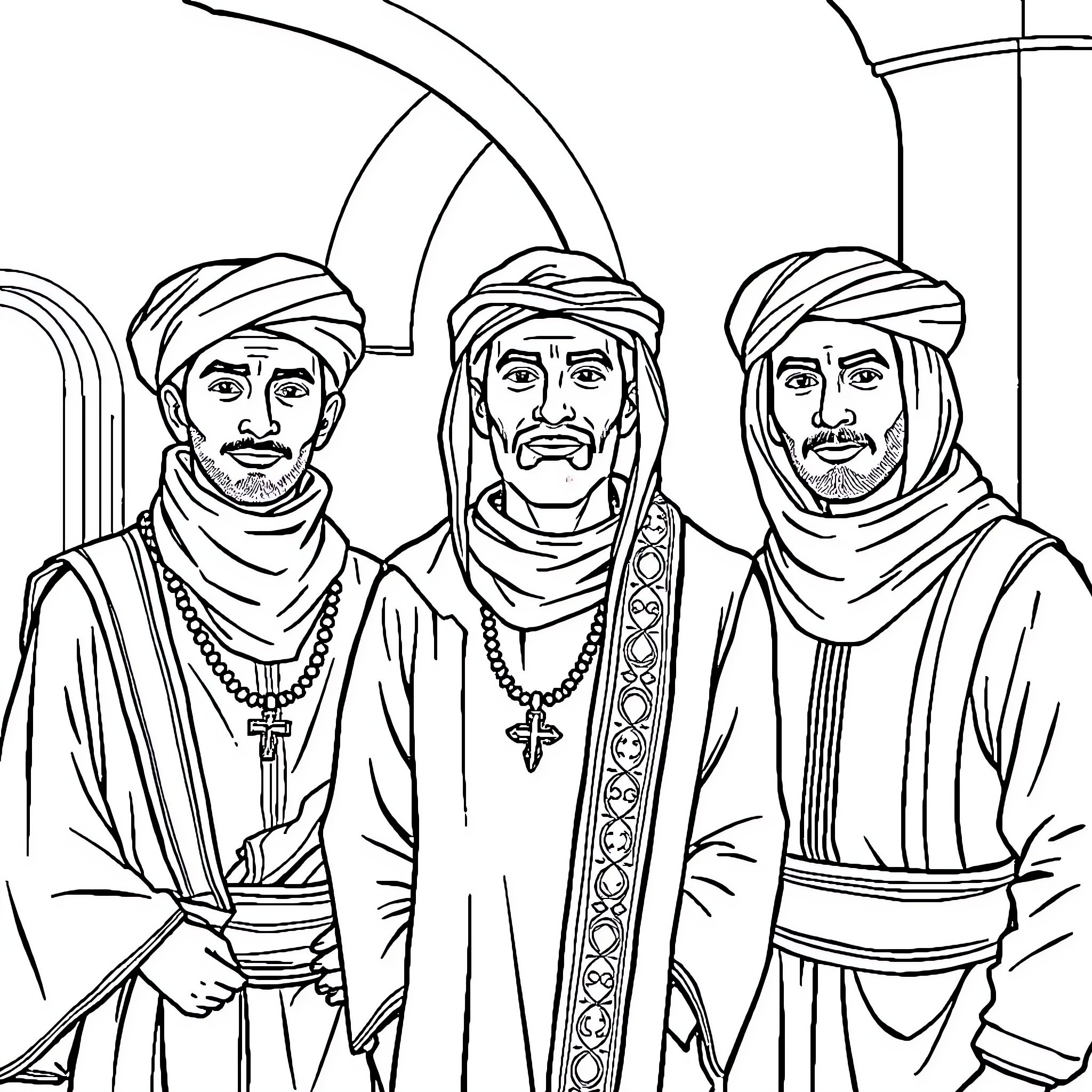 Men in traditional Middle Eastern garb and head coverings Coloring Page (free black-and-white line drawing printable PDF for all, from beginners to advanced learners, including children, teens, adults, and seniors)