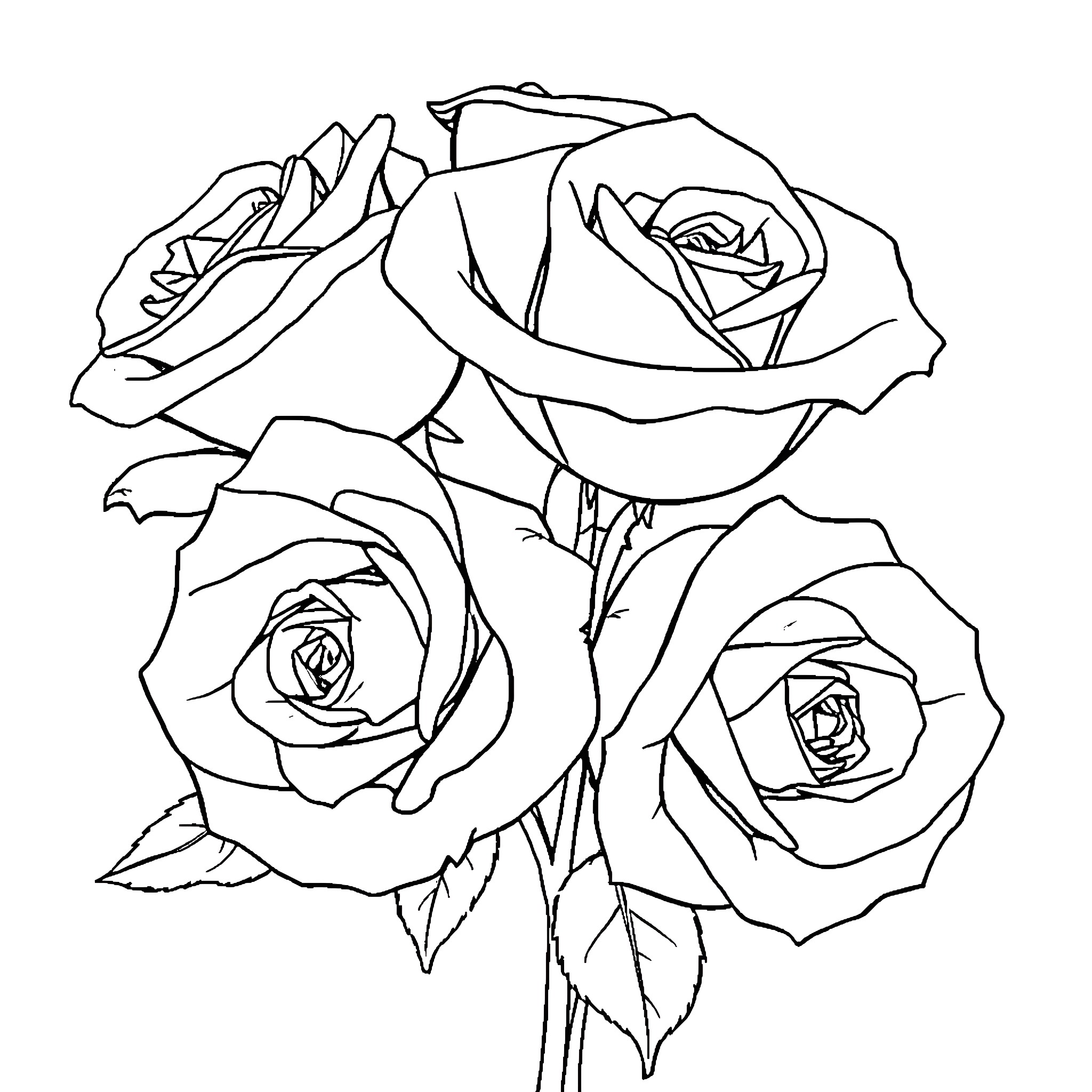 Rose Bouquet with Detailed Petals and Leaves Coloring Page (free black-and-white line drawing printable PDF for all, from beginners to advanced learners, including children, teens, adults, and seniors)