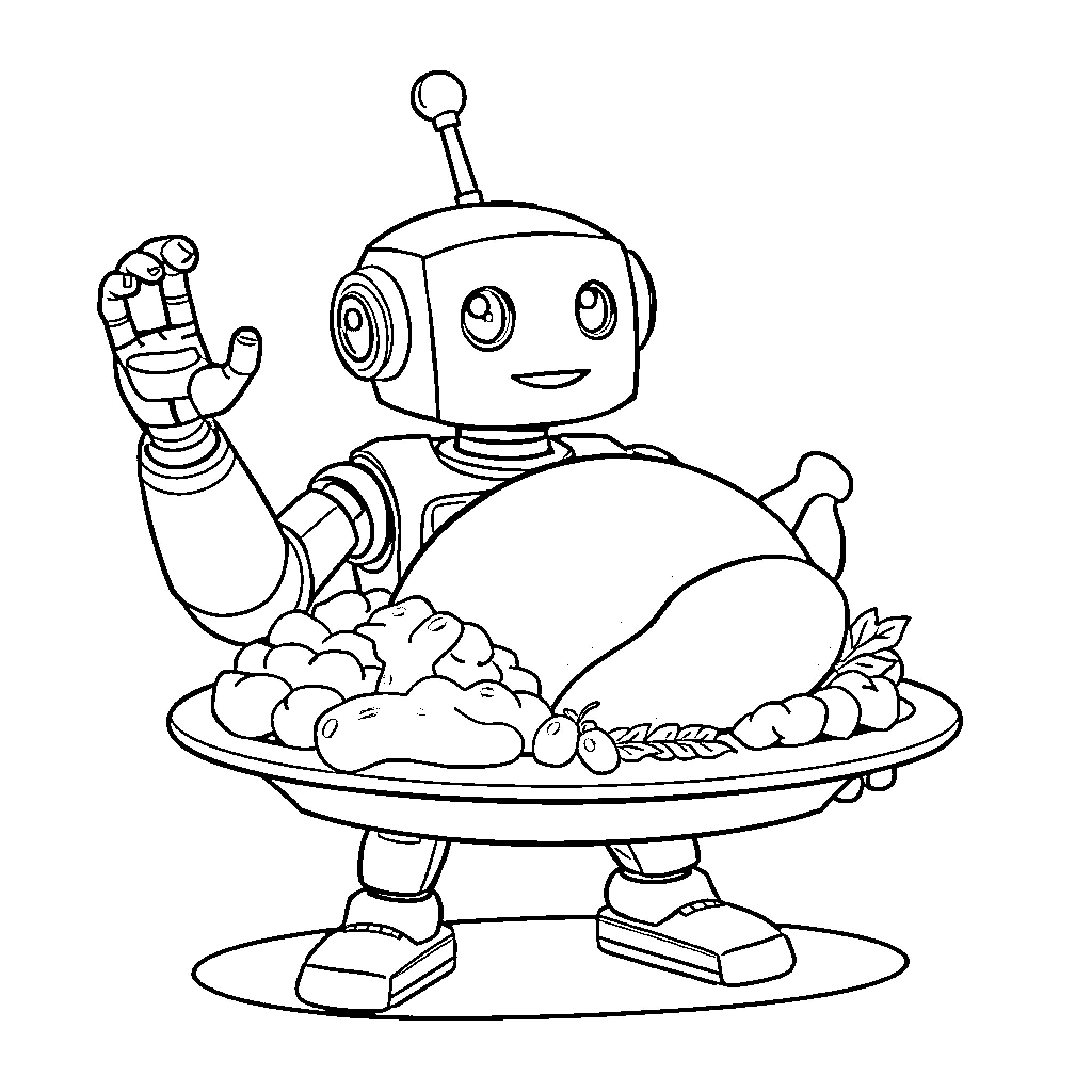 Robot serving Thanksgiving meal Coloring Page (free black-and-white line drawing printable PDF for all, from beginners to advanced learners, including children, teens, adults, and seniors)