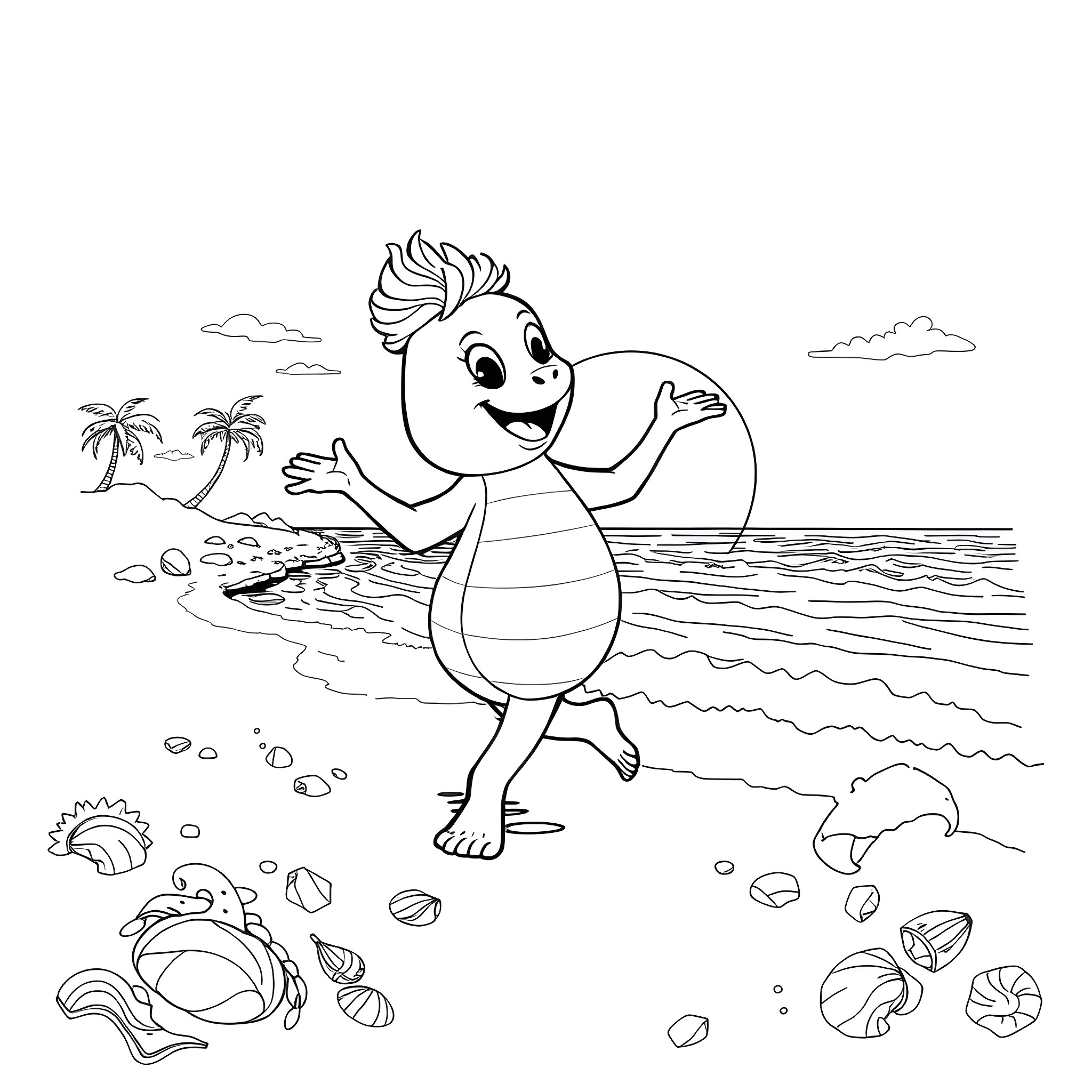 Labubu playing happily on the beach Coloring Page (free black-and-white line drawing printable PDF for all, from beginners to advanced learners, including children, teens, adults, and seniors)