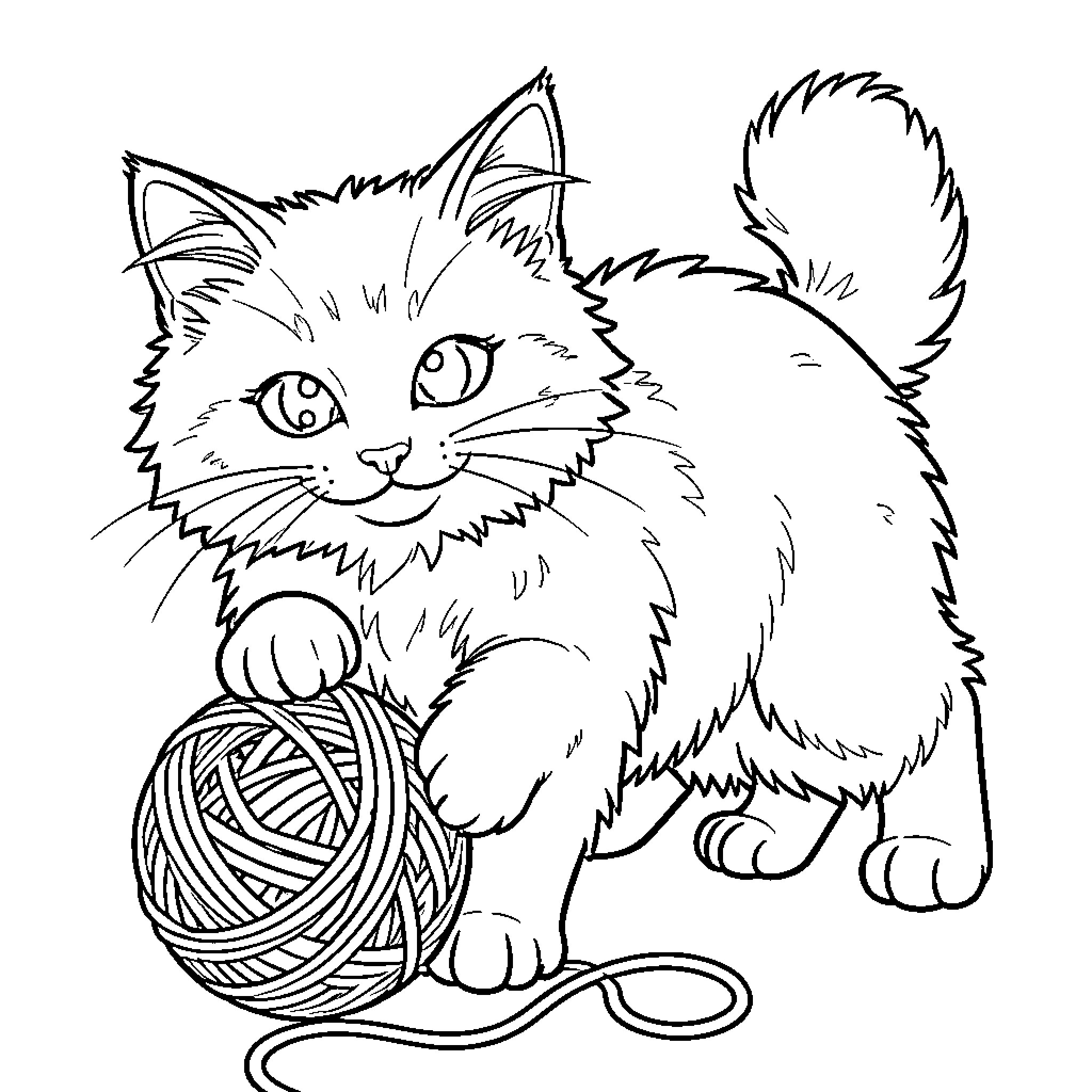 Cat playing with yarn ball Coloring Page (free black-and-white line drawing printable PDF for all, from beginners to advanced learners, including children, teens, adults, and seniors)