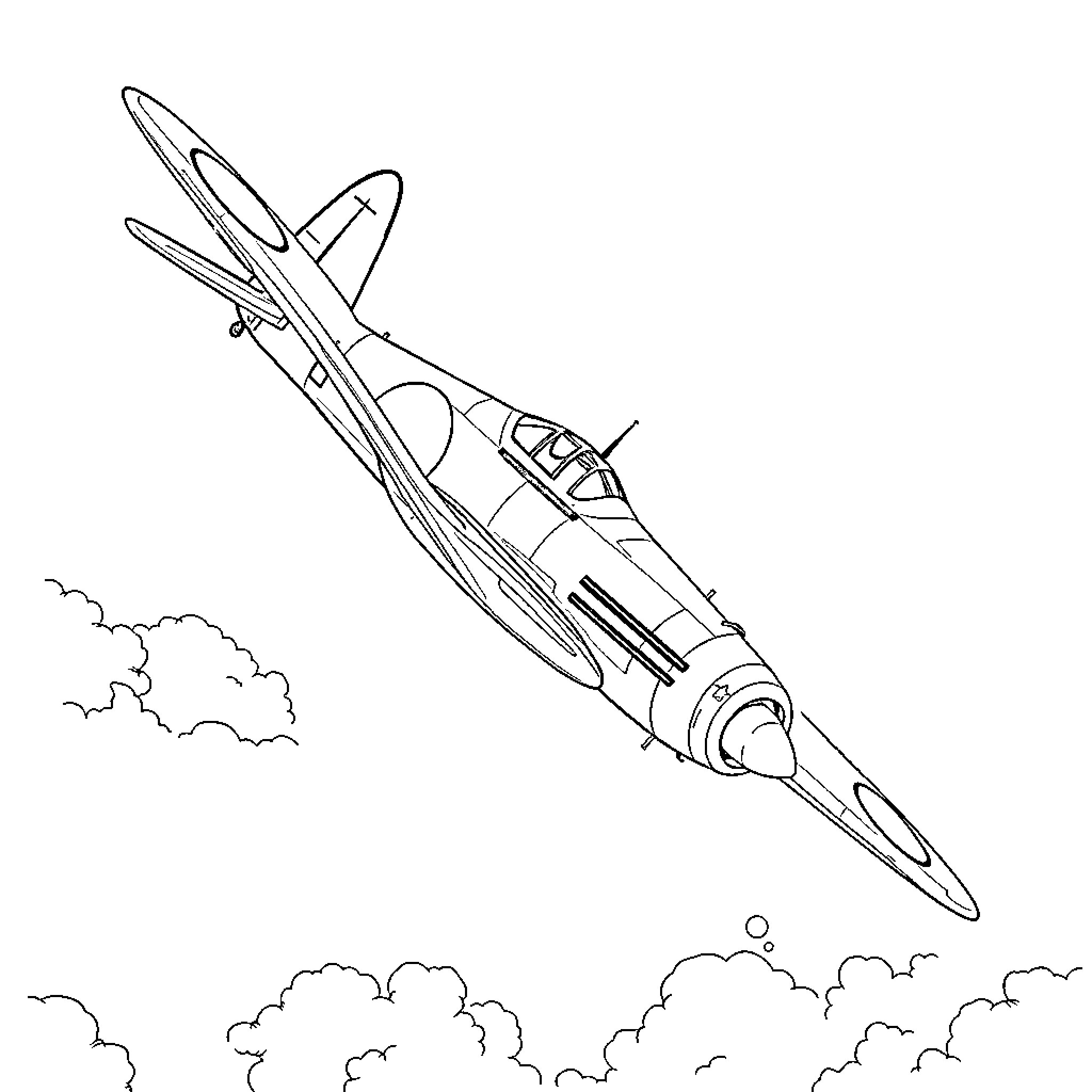 Avión volando a través de nubes Coloring Page (free black-and-white line drawing printable PDF for all, from beginners to advanced learners, including children, teens, adults, and seniors)