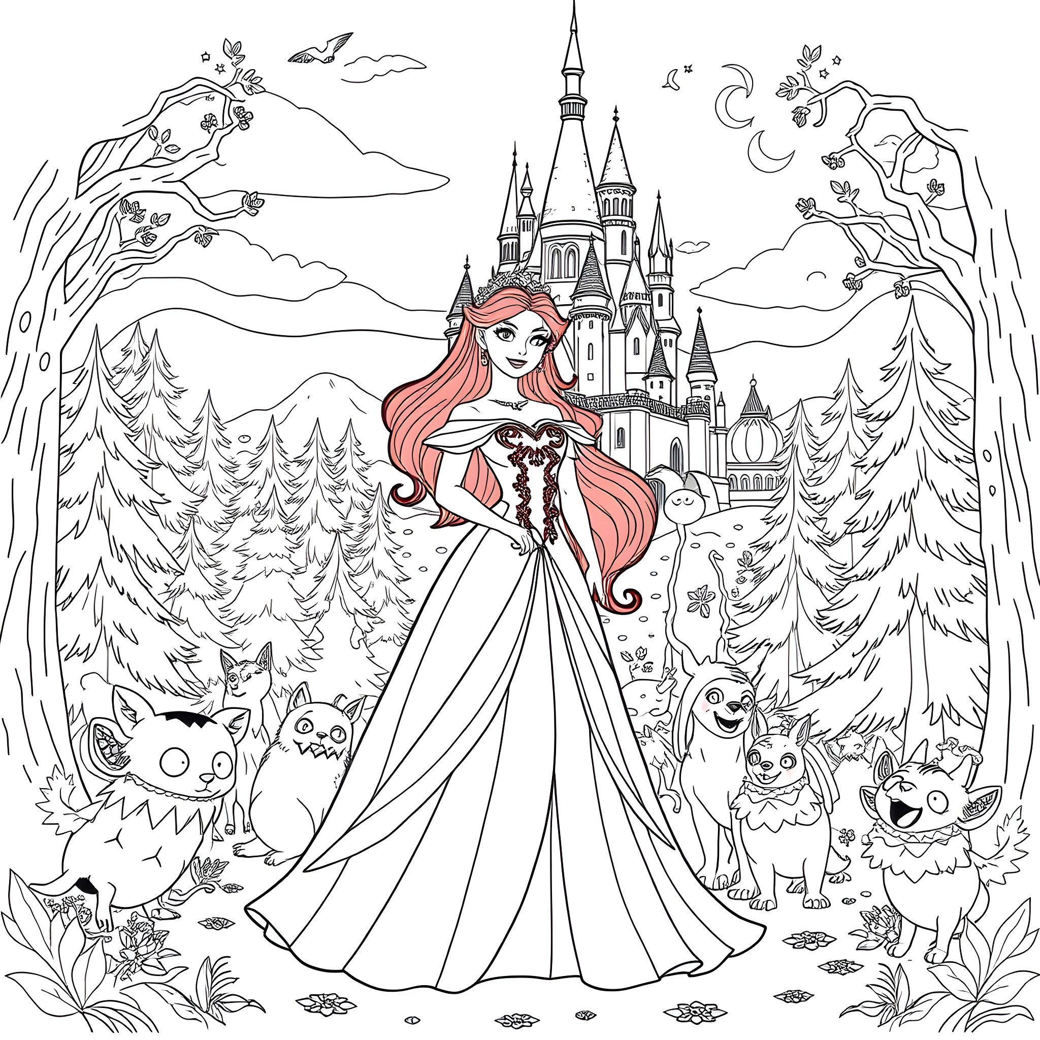 Princess in a Magical Forest Landscape Coloring Page (free black-and-white line drawing printable PDF for all, from beginners to advanced learners, including children, teens, adults, and seniors)