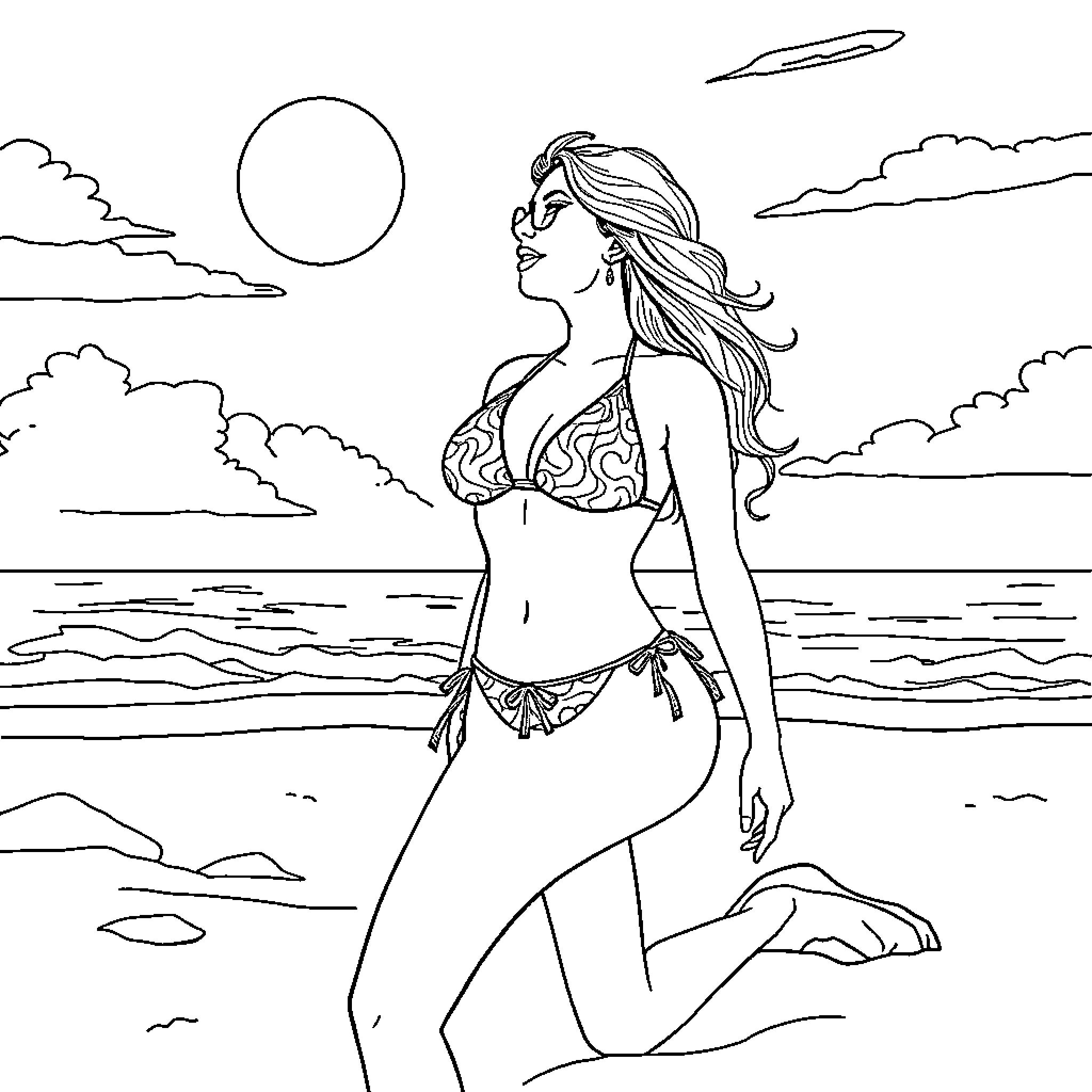 Bikini-clad woman posing on beach with sunset Coloring Page (free black-and-white line drawing printable PDF for all, from beginners to advanced learners, including children, teens, adults, and seniors)
