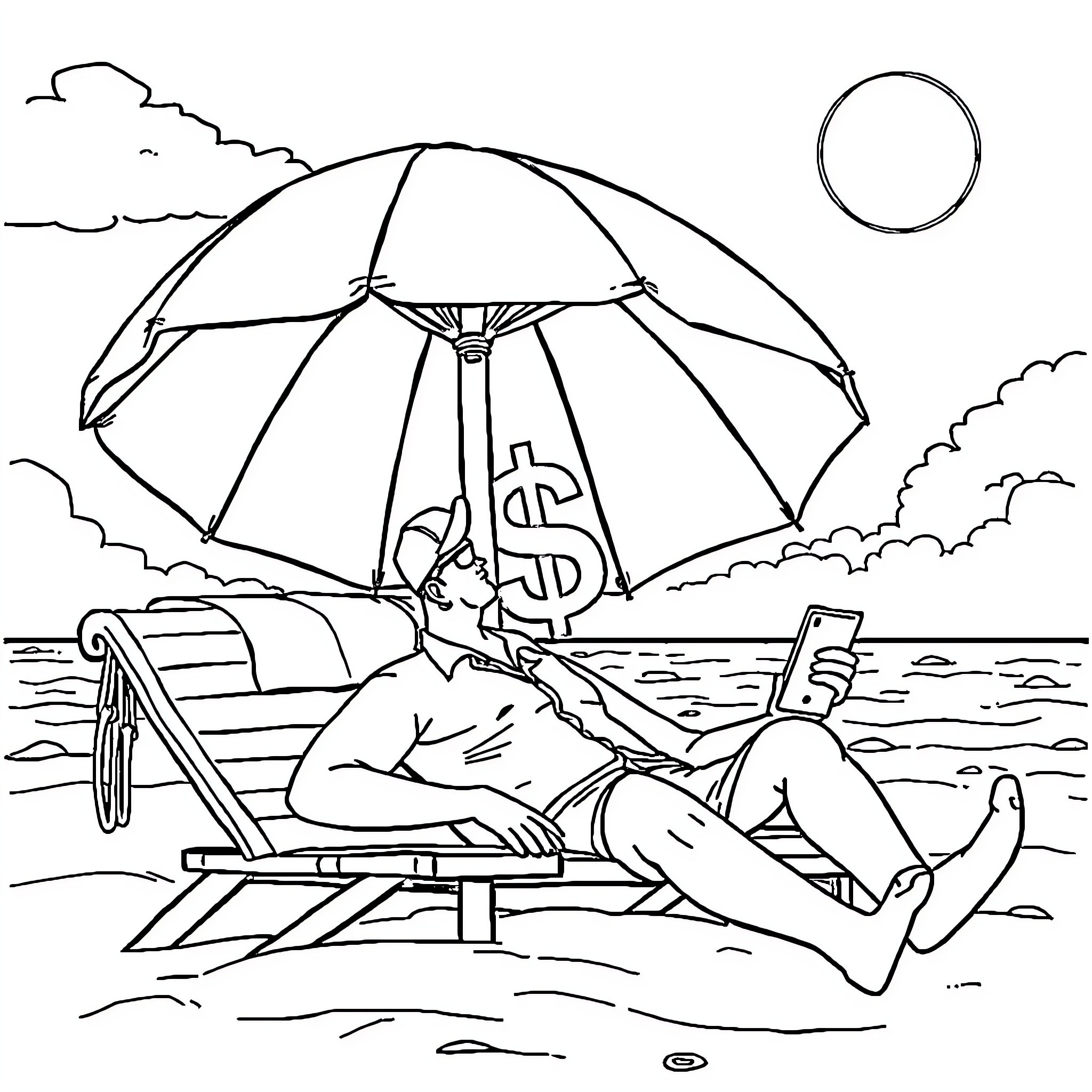 Banker relaxing on the beach with dollar sign umbrella Coloring Page (free black-and-white line drawing printable PDF for all, from beginners to advanced learners, including children, teens, adults, and seniors)