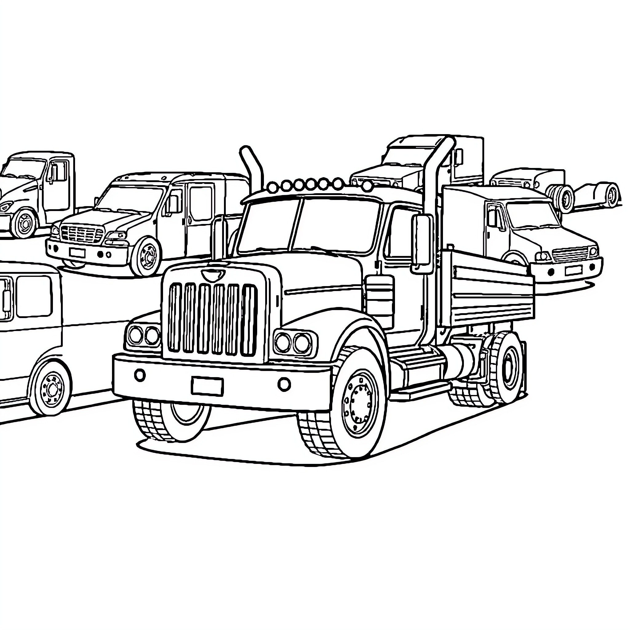 Camion hauling various trucks on the road Coloring Page (free black-and-white line drawing printable PDF for all, from beginners to advanced learners, including children, teens, adults, and seniors)