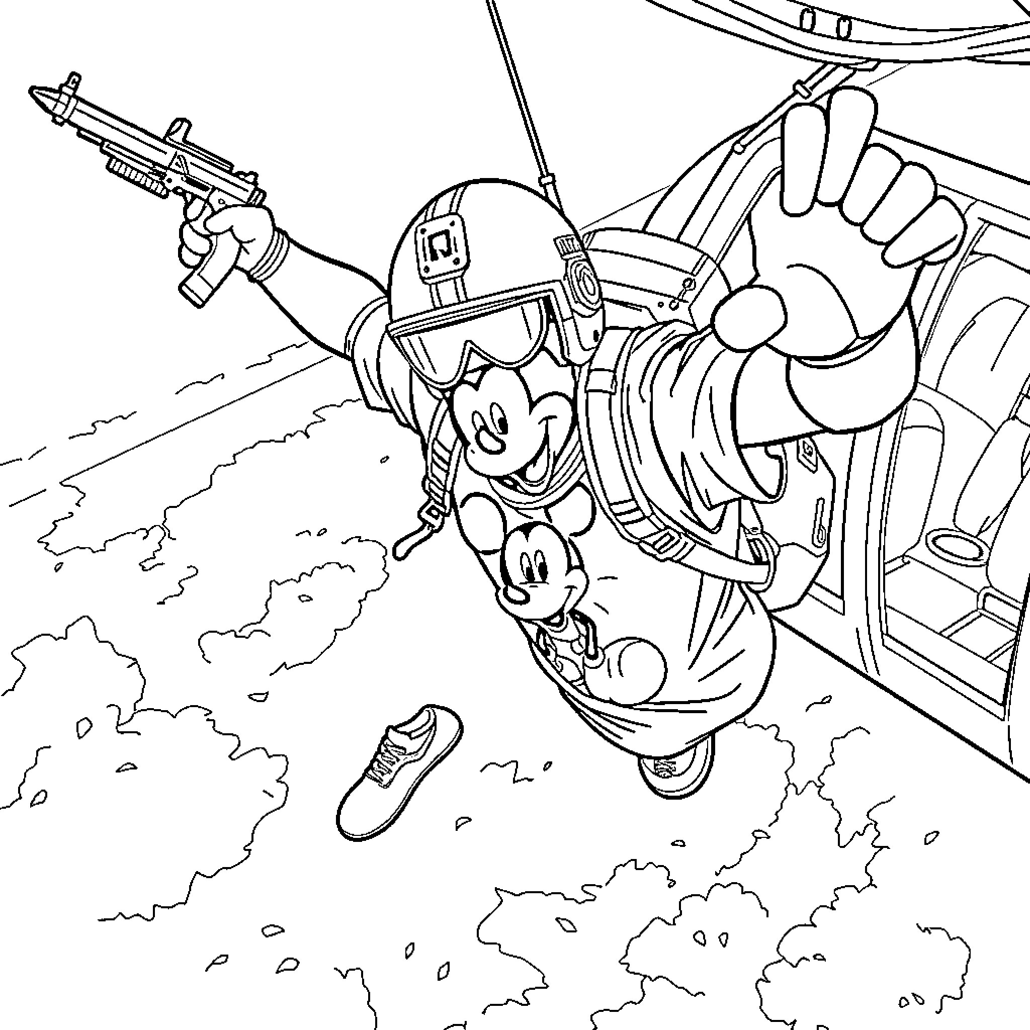 Military personnel in action-packed scene Coloring Page (free black-and-white line drawing printable PDF for all, from beginners to advanced learners, including children, teens, adults, and seniors)
