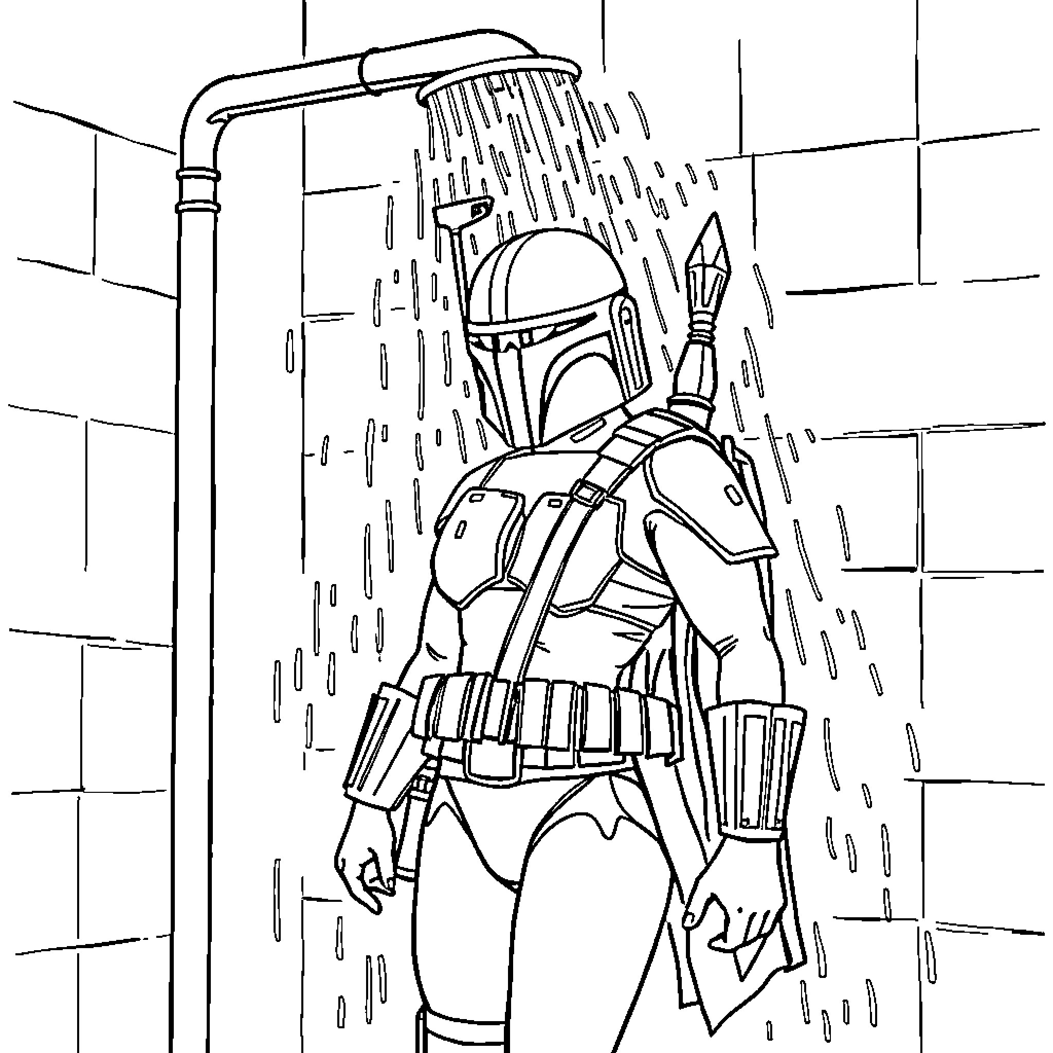 Boba Fett's Armored Shower Moment Coloring Page (free black-and-white line drawing printable PDF for all, from beginners to advanced learners, including children, teens, adults, and seniors)