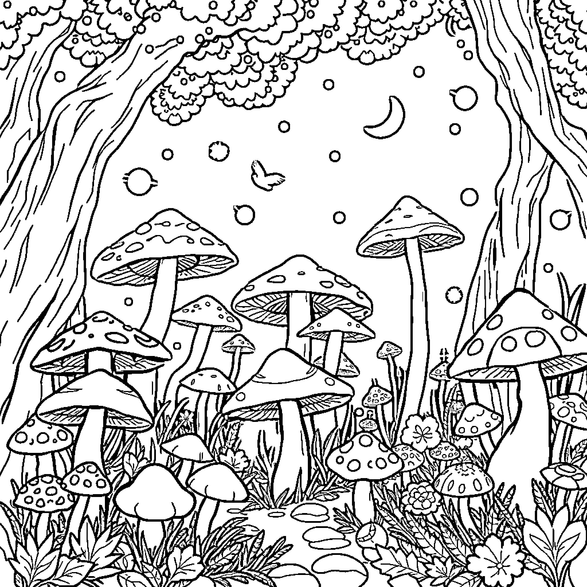 Mushroom forest at nightfall Coloring Page (free black-and-white line drawing printable PDF for all, from beginners to advanced learners, including children, teens, adults, and seniors)