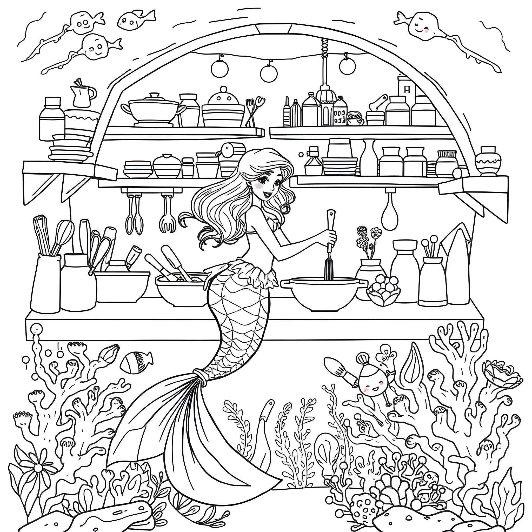 Mermaid mixing potions in an underwater kitchen Coloring Page (free black-and-white line drawing printable PDF for all, from beginners to advanced learners, including children, teens, adults, and seniors)