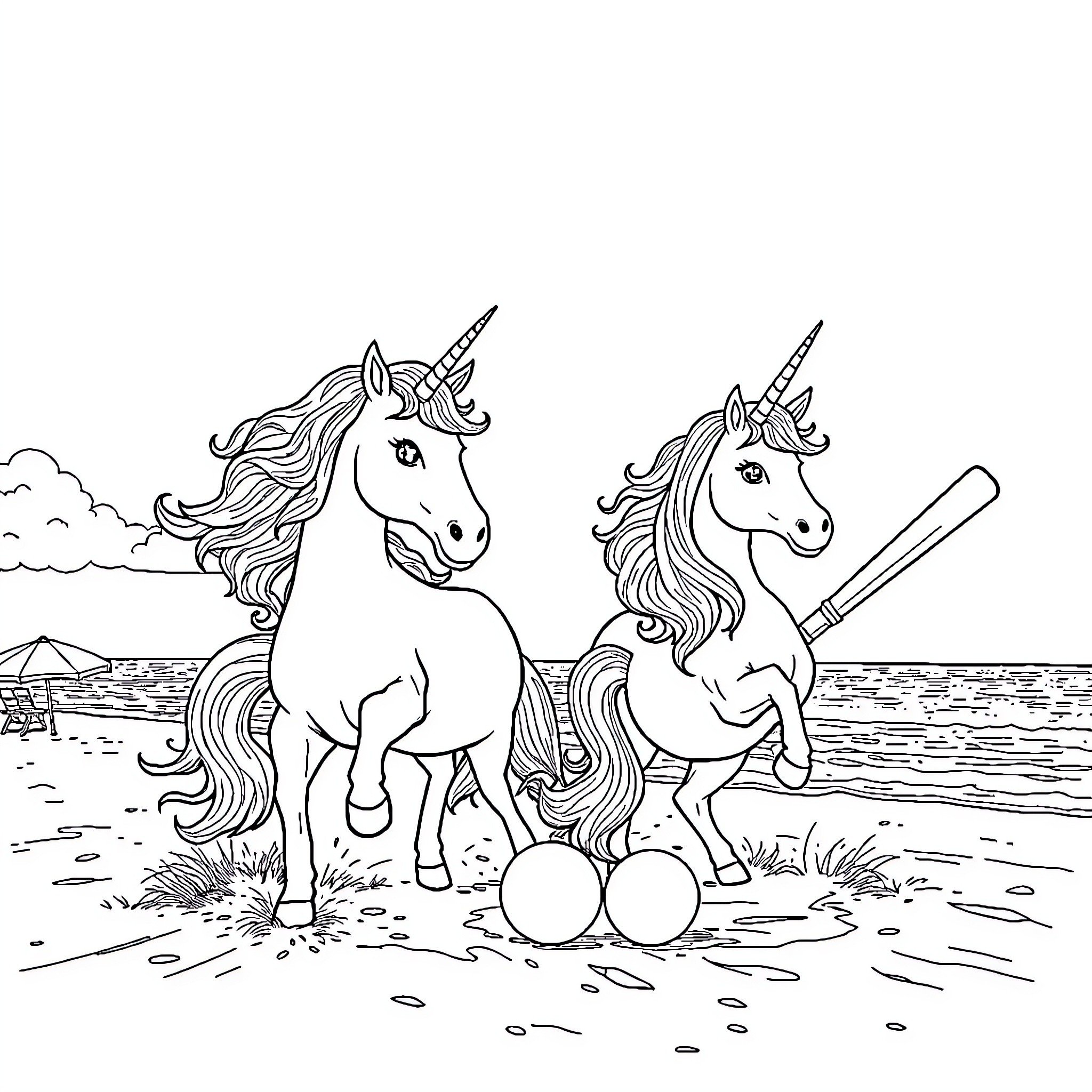 Unicorns playing with balls on the beach Coloring Page (free black-and-white line drawing printable PDF for all, from beginners to advanced learners, including children, teens, adults, and seniors)