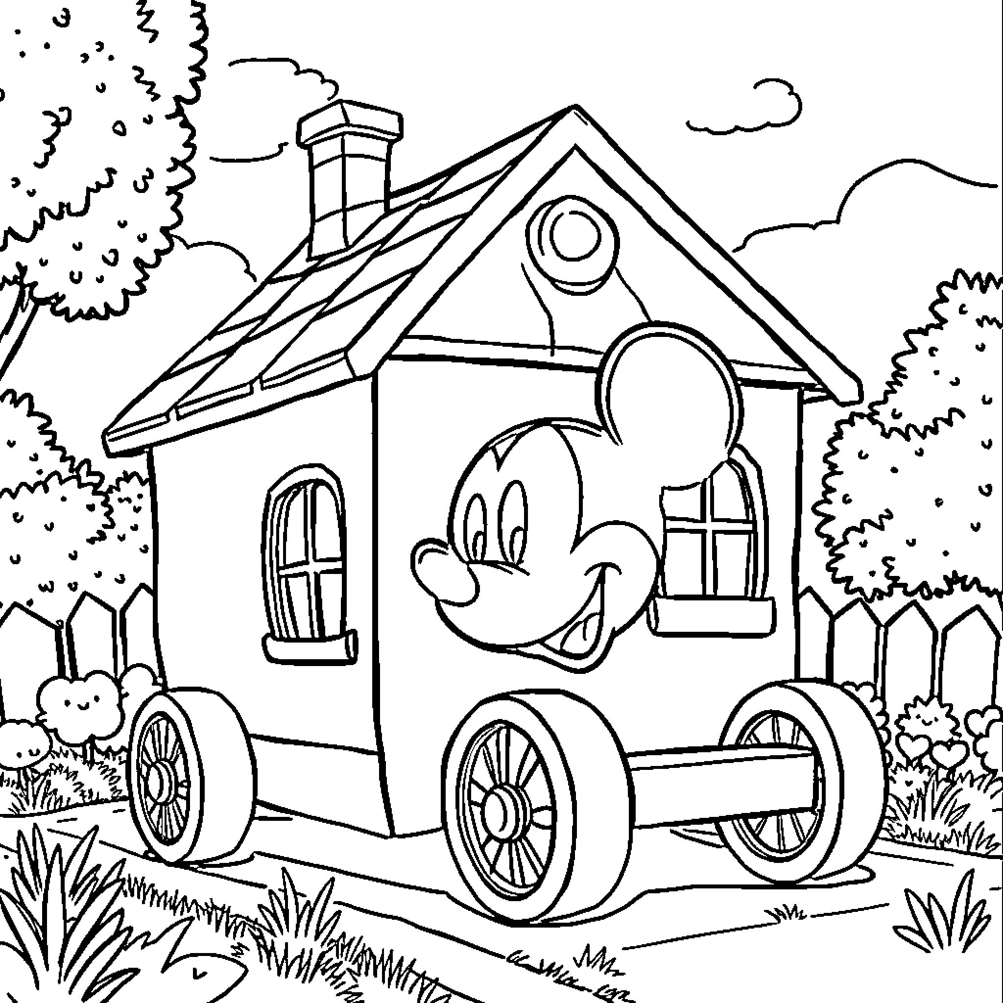 Mickey Mouse House with Cartoon Wheels Coloring Page (free black-and-white line drawing printable PDF for all, from beginners to advanced learners, including children, teens, adults, and seniors)