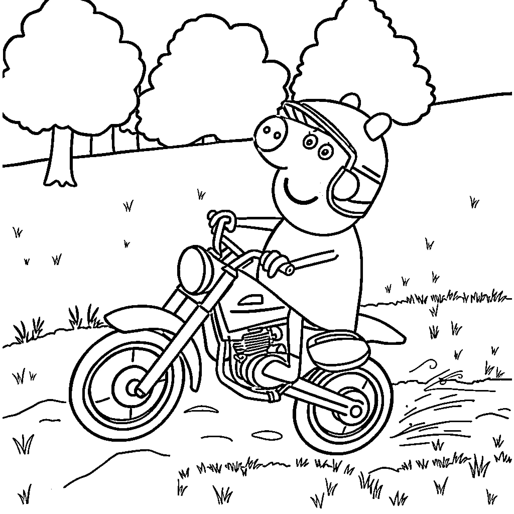 Peppa Pig riding a motorcycle in the park Coloring Page (free black-and-white line drawing printable PDF for all, from beginners to advanced learners, including children, teens, adults, and seniors)