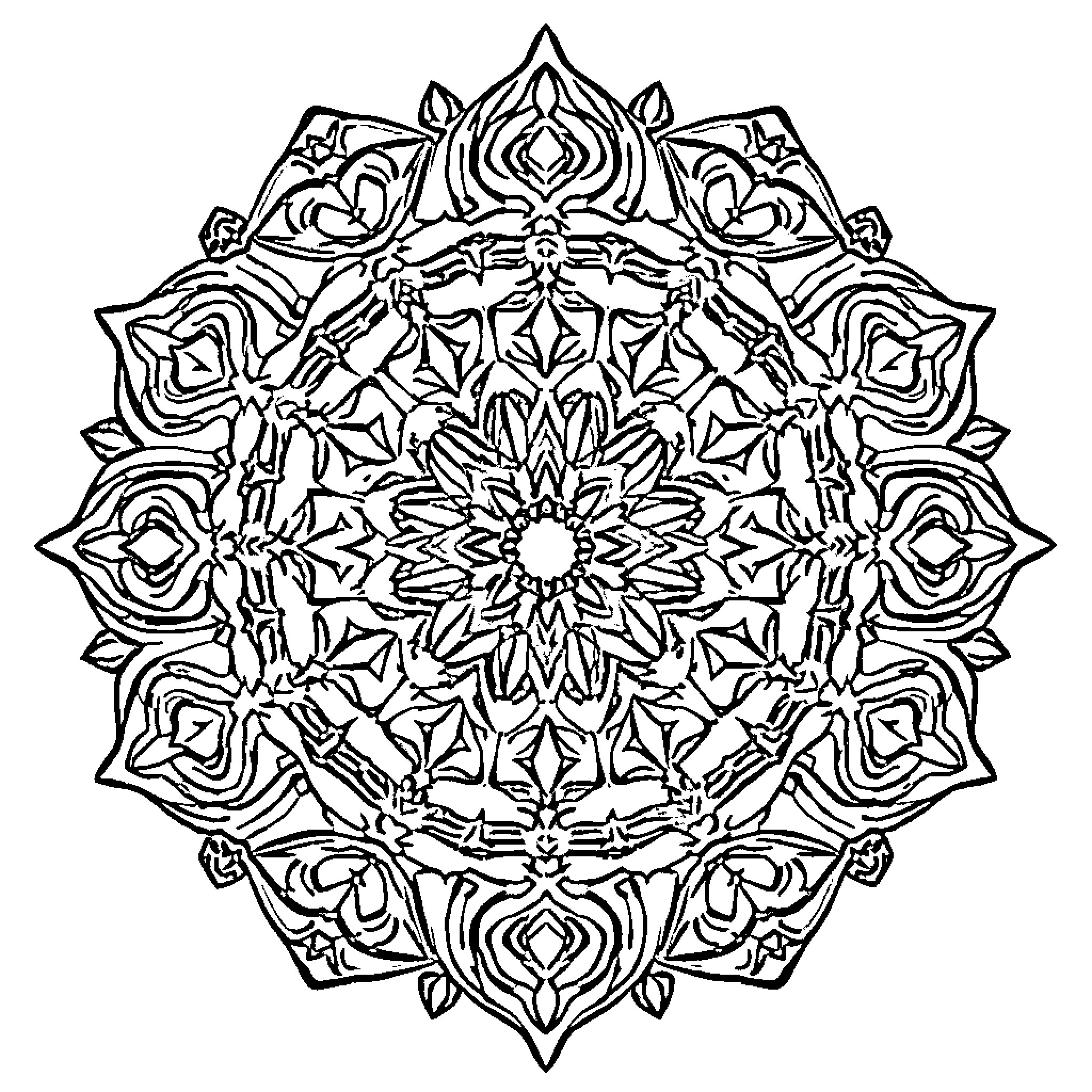 Mandala of Intricate Floral Designs Coloring Page (free black-and-white line drawing printable PDF for all, from beginners to advanced learners, including children, teens, adults, and seniors)