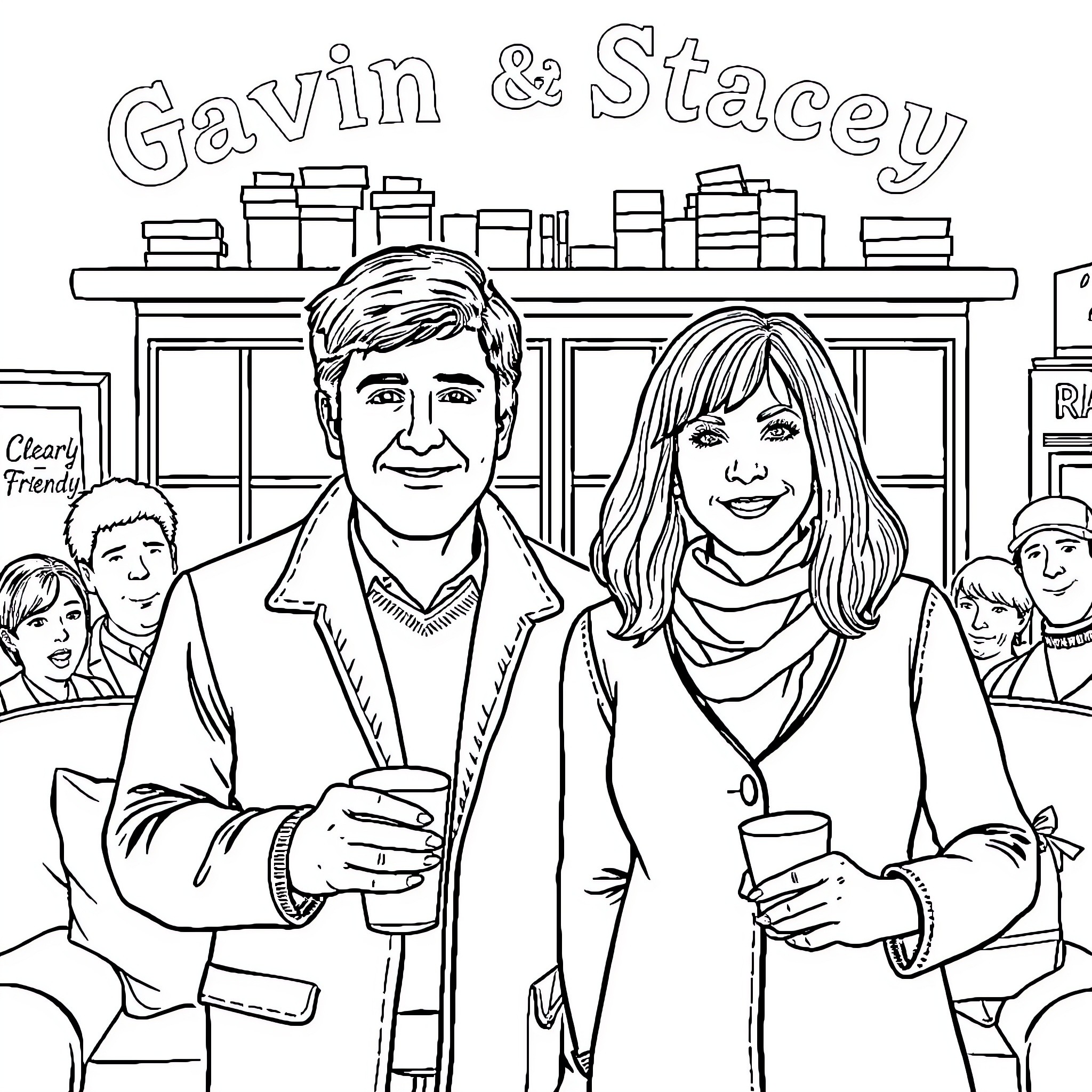 Gavin & Stacey in a cozy living room scene Coloring Page (free black-and-white line drawing printable PDF for all, from beginners to advanced learners, including children, teens, adults, and seniors)