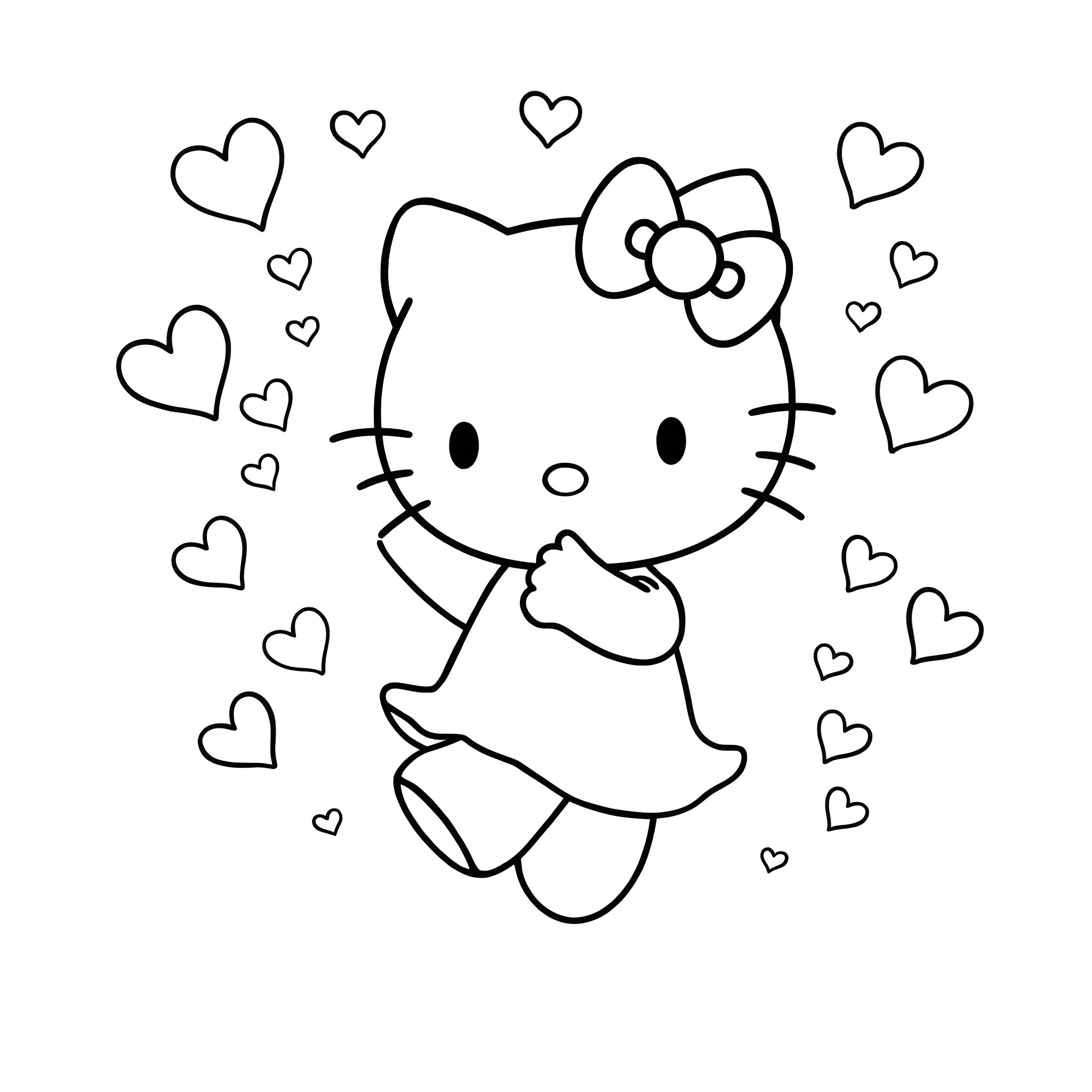 Hello Kitty surrounded by hearts with a bow Coloring Page (free black-and-white line drawing printable PDF for all, from beginners to advanced learners, including children, teens, adults, and seniors)