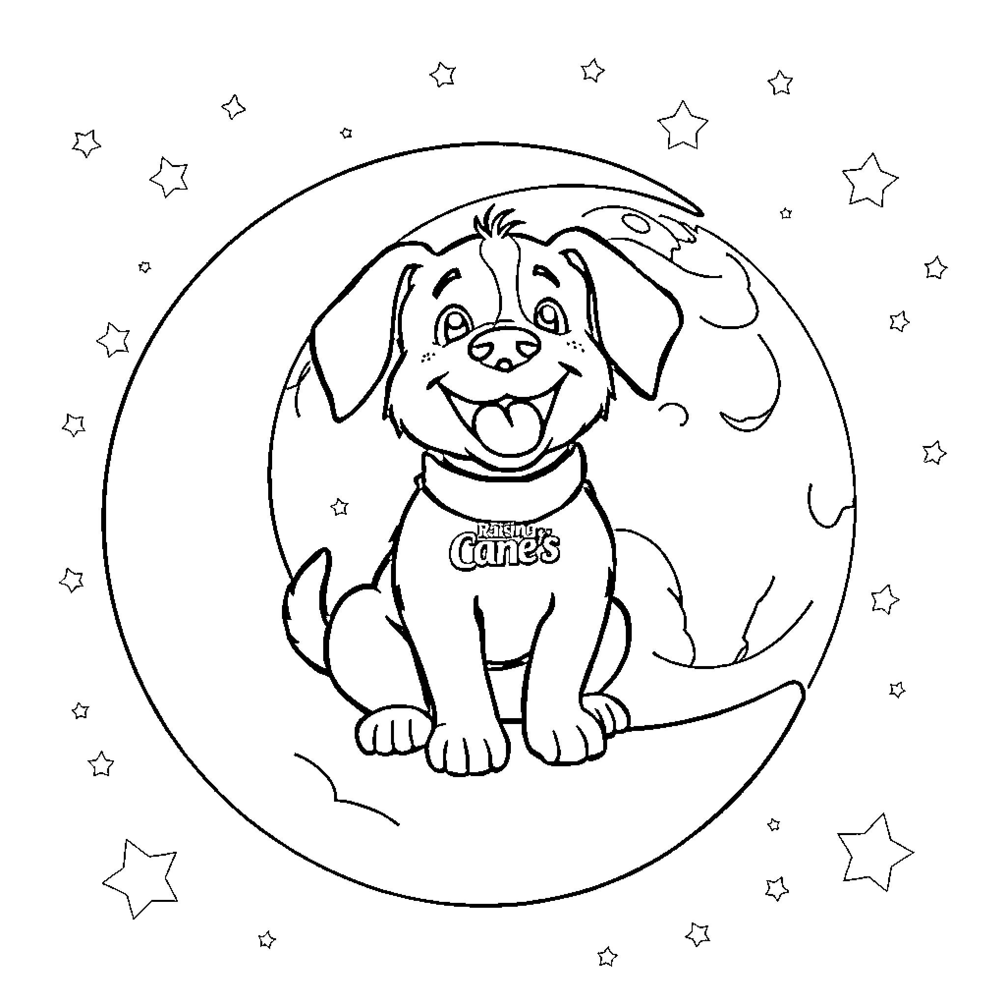 Dog sitting happily under the starry night sky Coloring Page (free black-and-white line drawing printable PDF for all, from beginners to advanced learners, including children, teens, adults, and seniors)
