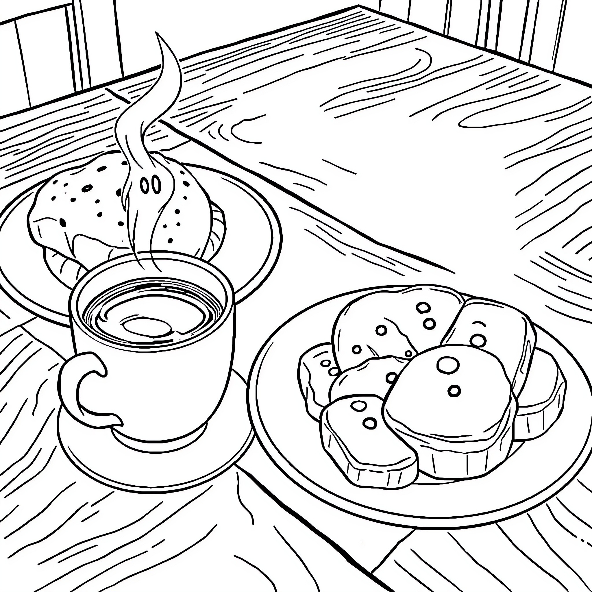 Coffee and Pastries in Cozy Cafe Setting Coloring Page (free black-and-white line drawing printable PDF for all, from beginners to advanced learners, including children, teens, adults, and seniors)