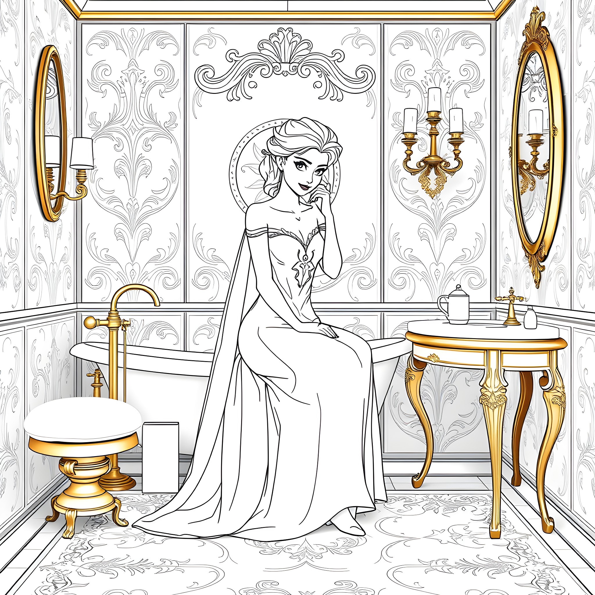 Elsa in an elegant bathroom setting Coloring Page (free black-and-white line drawing printable PDF for all, from beginners to advanced learners, including children, teens, adults, and seniors)