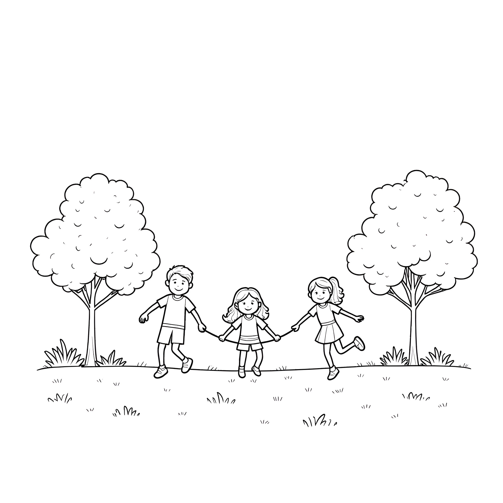 Kid friends playing happily in the park Coloring Page (free black-and-white line drawing printable PDF for all, from beginners to advanced learners, including children, teens, adults, and seniors)