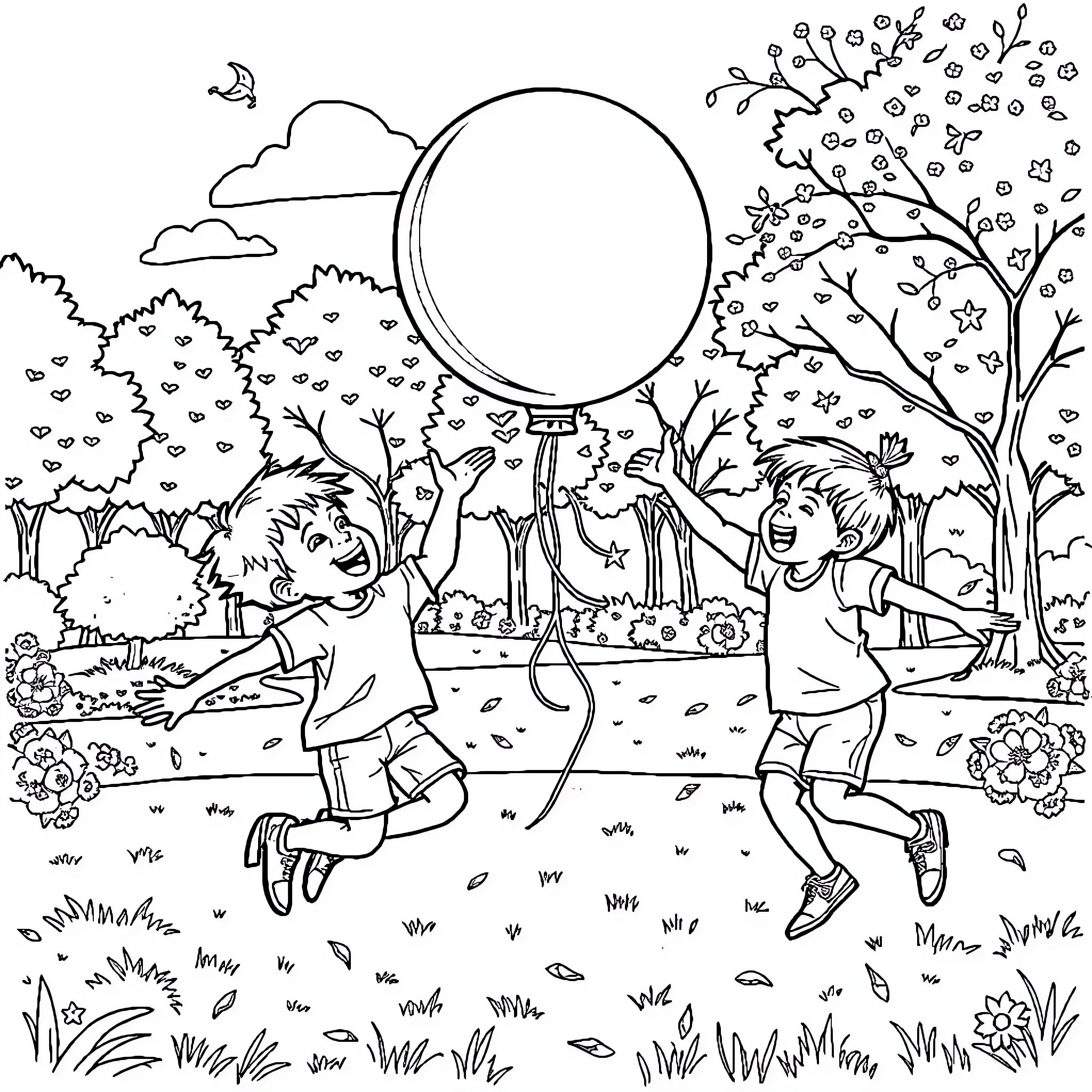 Children playing joyfully in nature Coloring Page (free black-and-white line drawing printable PDF for all, from beginners to advanced learners, including children, teens, adults, and seniors)