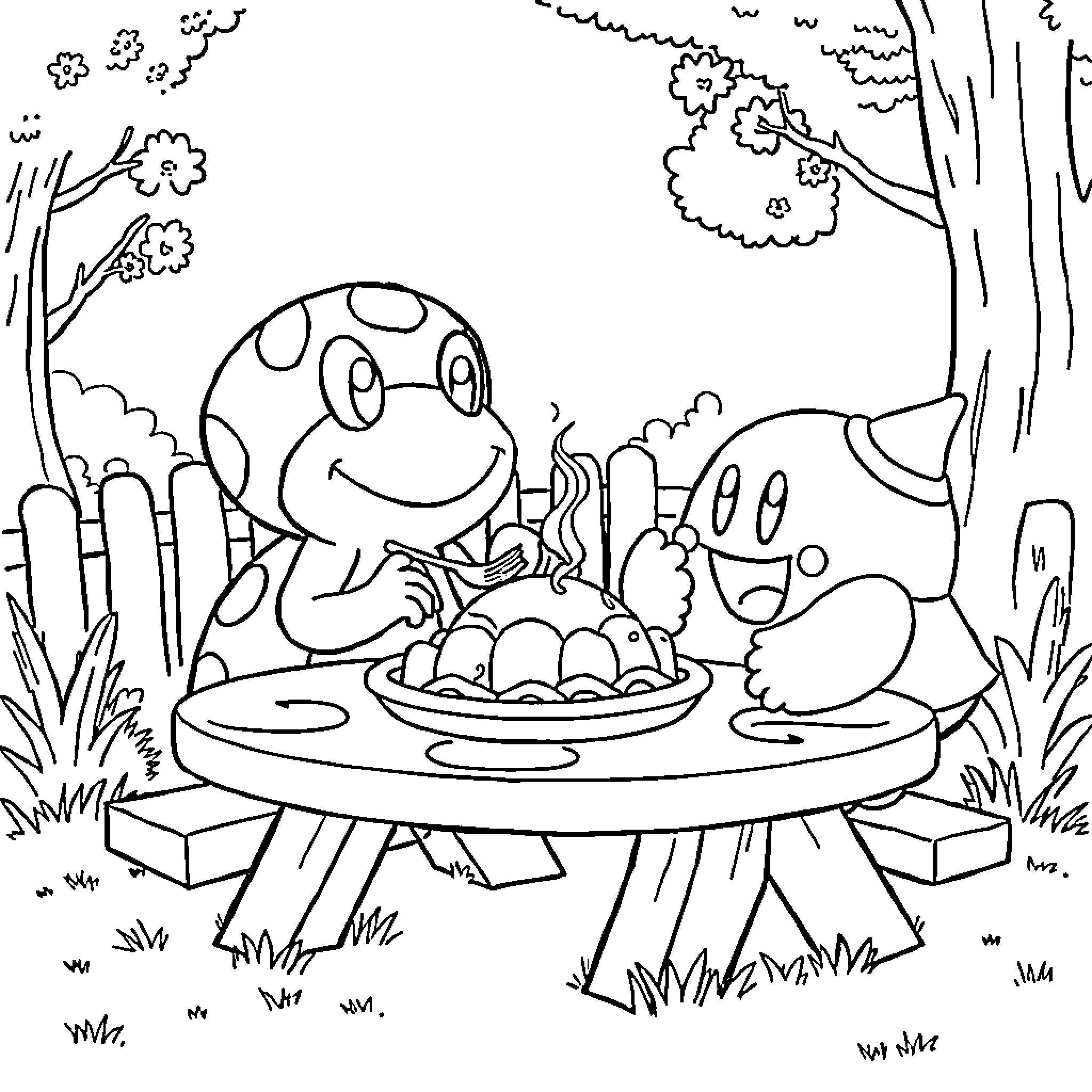 Toad friends having a picnic in the forest Coloring Page (free black-and-white line drawing printable PDF for all, from beginners to advanced learners, including children, teens, adults, and seniors)