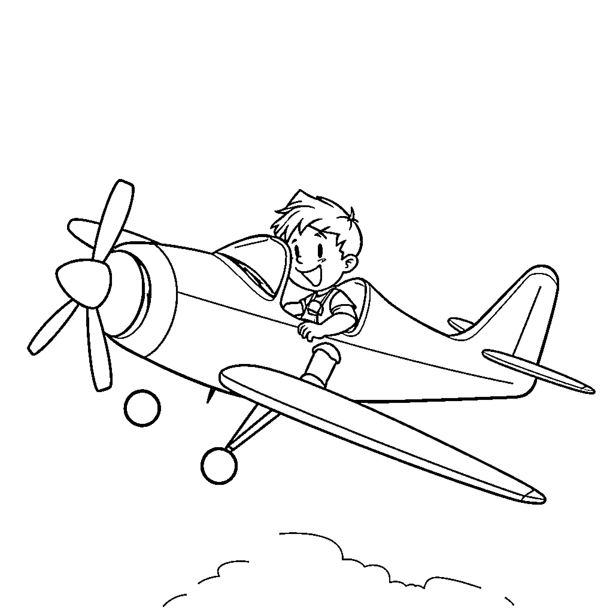 Boy piloting a propeller plane Coloring Page (free black-and-white line drawing printable PDF for all, from beginners to advanced learners, including children, teens, adults, and seniors)