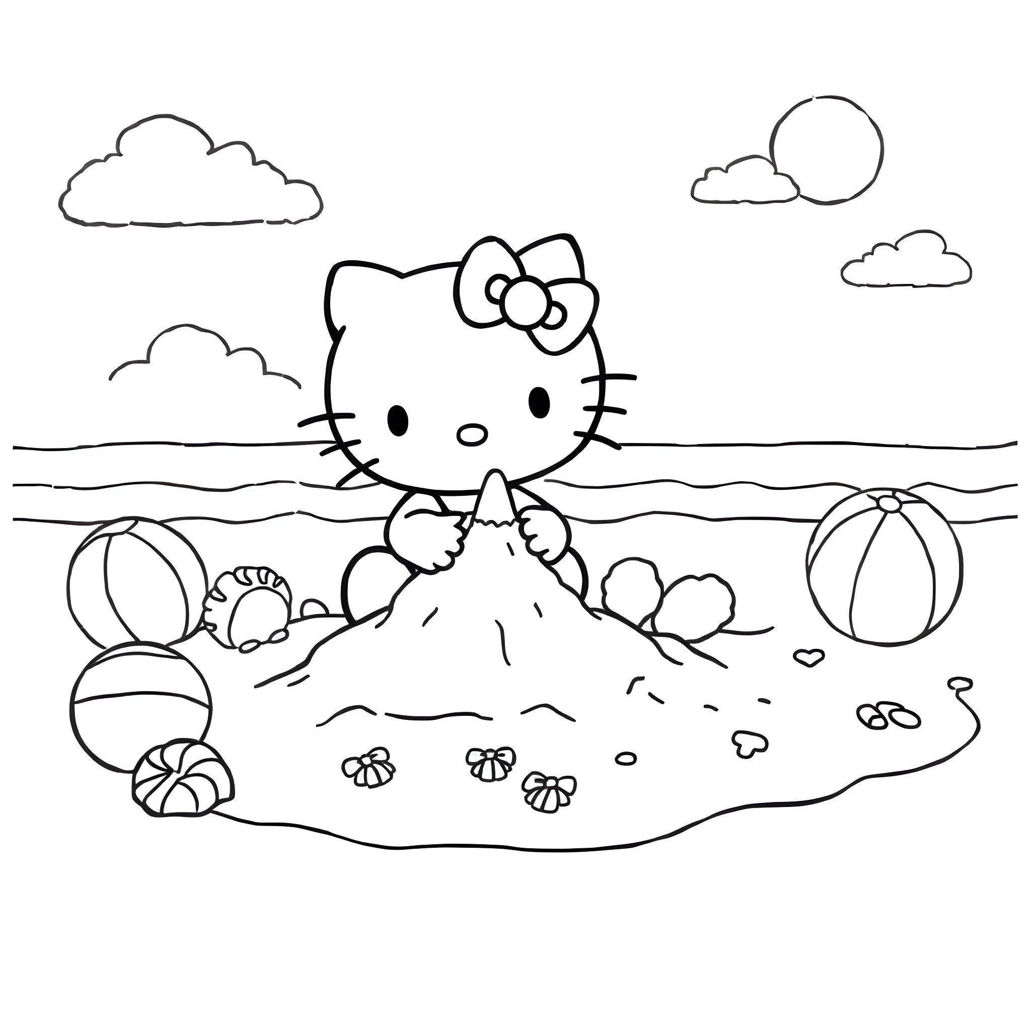 Hello Kitty playing in the beach sandbox Coloring Page (free black-and-white line drawing printable PDF for all, from beginners to advanced learners, including children, teens, adults, and seniors)