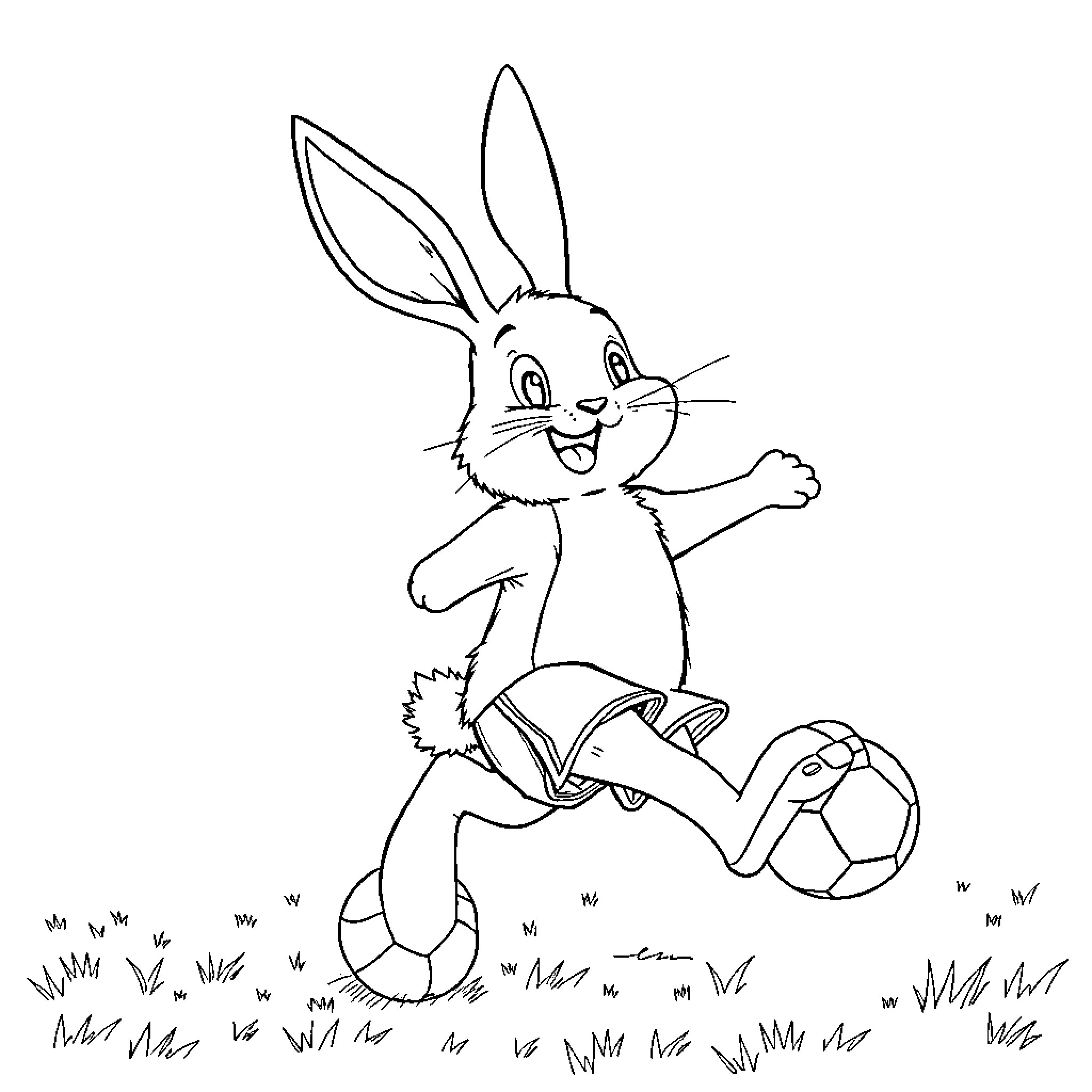 Bunny playing with soccer ball in field Coloring Page (free black-and-white line drawing printable PDF for all, from beginners to advanced learners, including children, teens, adults, and seniors)