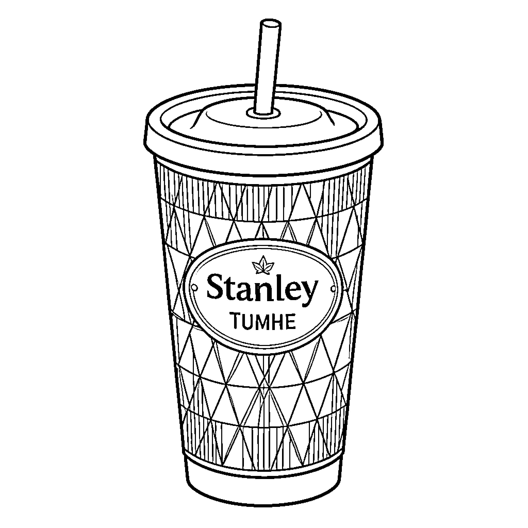 Tumbler with geometric patterns and a drinking straw Coloring Page (free black-and-white line drawing printable PDF for all, from beginners to advanced learners, including children, teens, adults, and seniors)