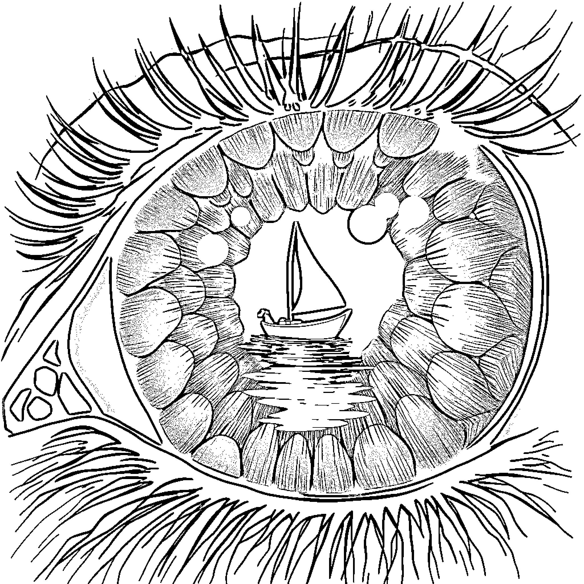 Iris: Artistic Depiction of a Seascape Coloring Page (free black-and-white line drawing printable PDF for all, from beginners to advanced learners, including children, teens, adults, and seniors)