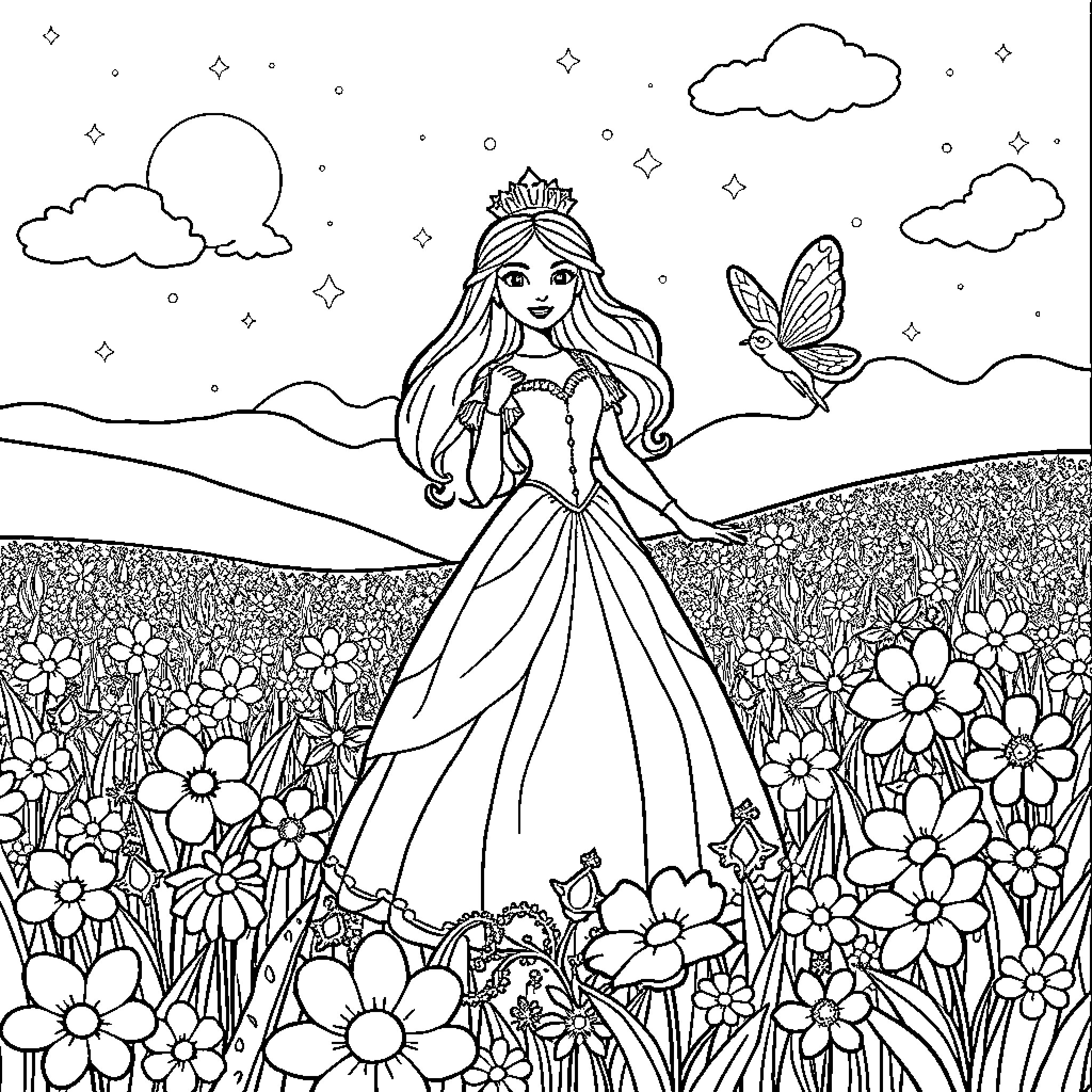 Princess in a Floral Wonderland Coloring Page (free black-and-white line drawing printable PDF for all, from beginners to advanced learners, including children, teens, adults, and seniors)