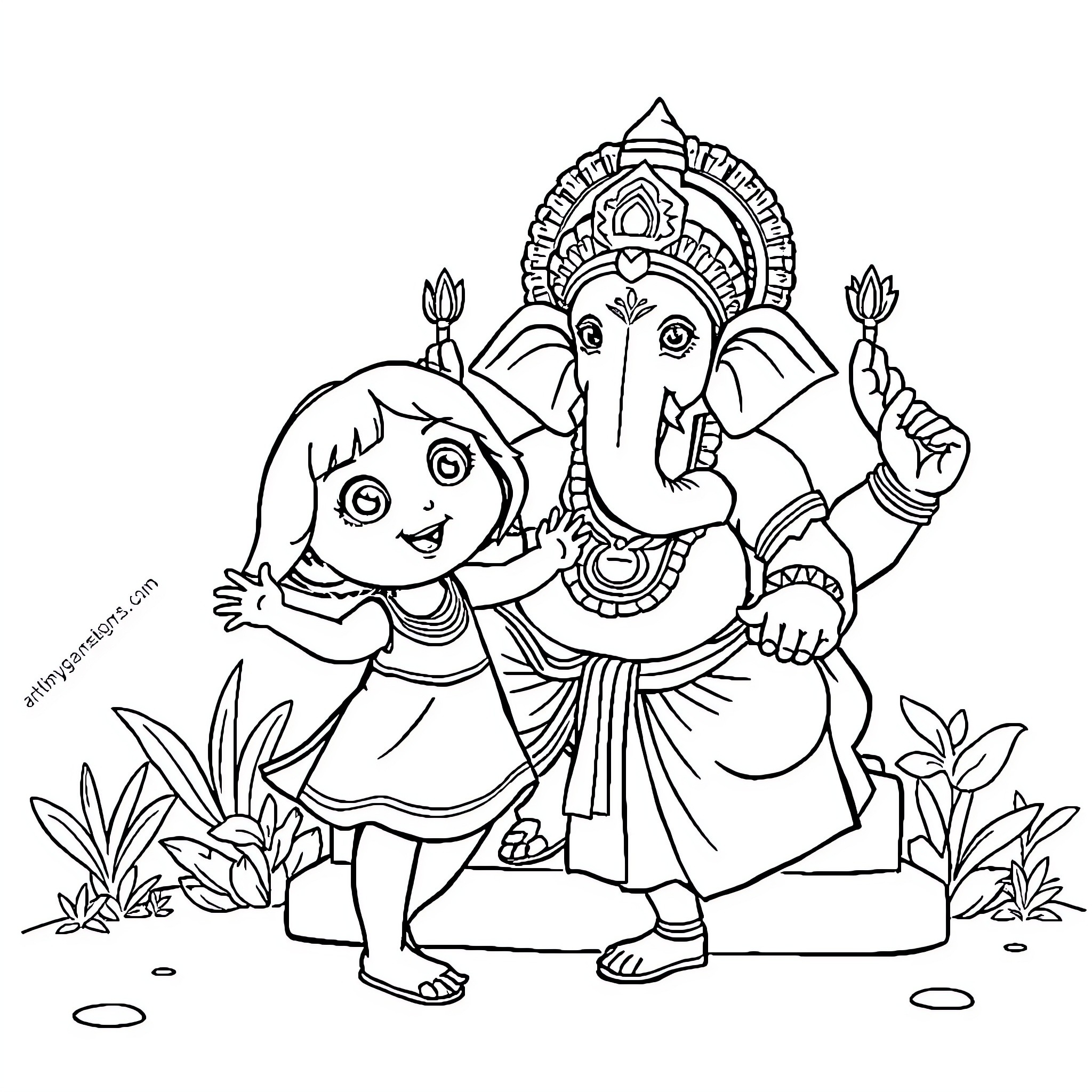 Dora and Ganesha in a serene garden setting Coloring Page (free black-and-white line drawing printable PDF for all, from beginners to advanced learners, including children, teens, adults, and seniors)