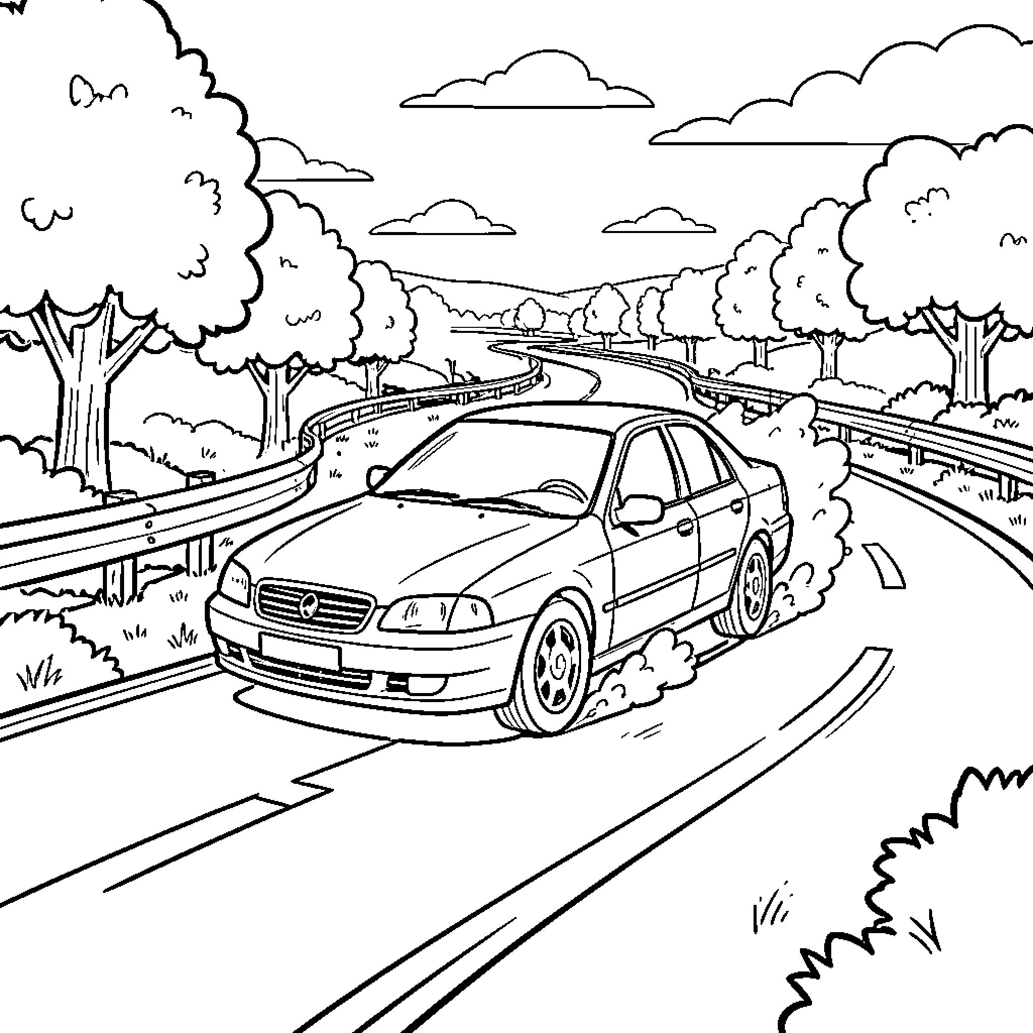Car drifting fast through a scenic winding road Coloring Page (free black-and-white line drawing printable PDF for all, from beginners to advanced learners, including children, teens, adults, and seniors)