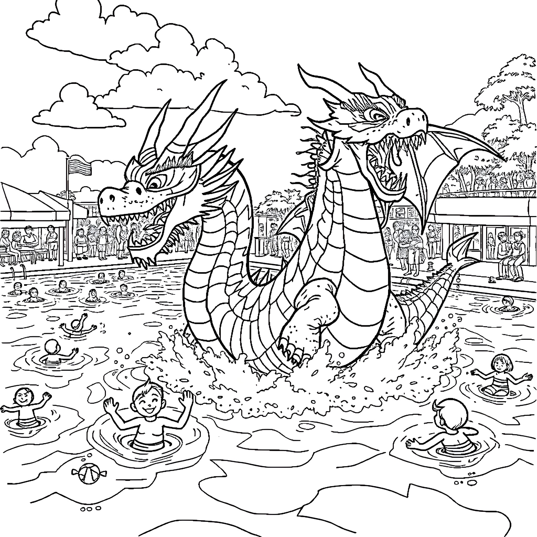 Dragon unleashing fiery breath over aquatic scene Coloring Page (free black-and-white line drawing printable PDF for all, from beginners to advanced learners, including children, teens, adults, and seniors)