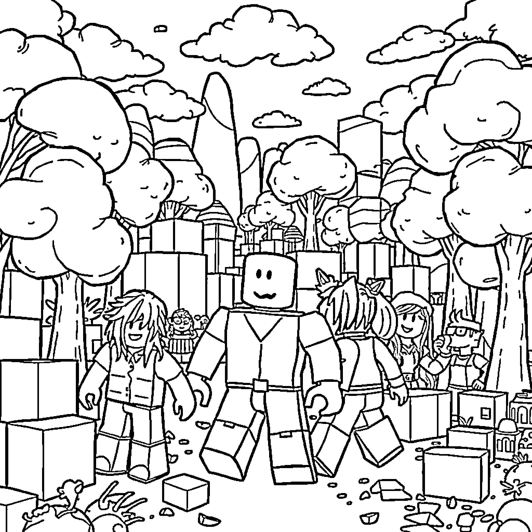 Roblox Characters Exploring the City Landscape Coloring Page (free black-and-white line drawing printable PDF for all, from beginners to advanced learners, including children, teens, adults, and seniors)