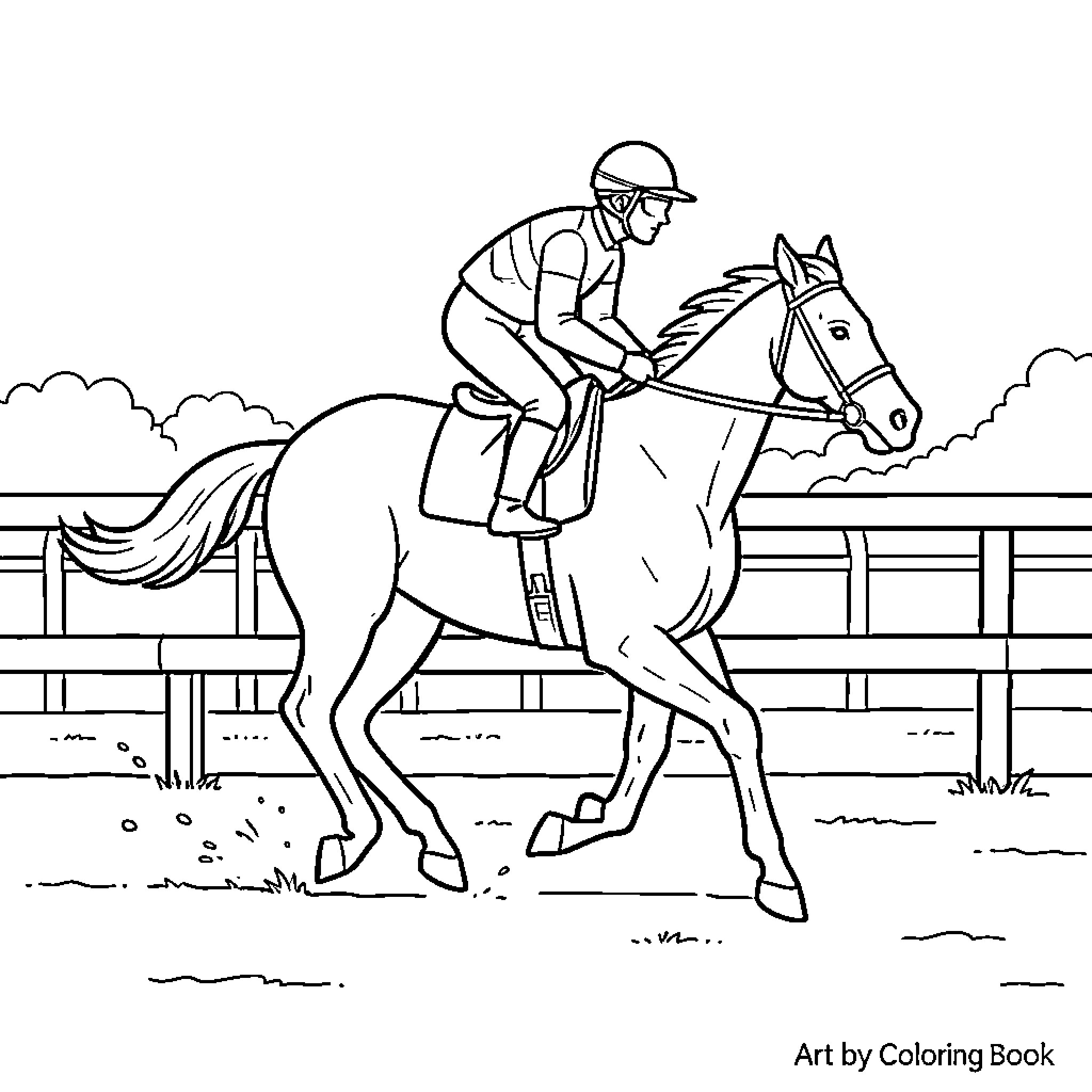Race Horse Jockey Riding Swiftly on Racetrack Coloring Page (free black-and-white line drawing printable PDF for all, from beginners to advanced learners, including children, teens, adults, and seniors)
