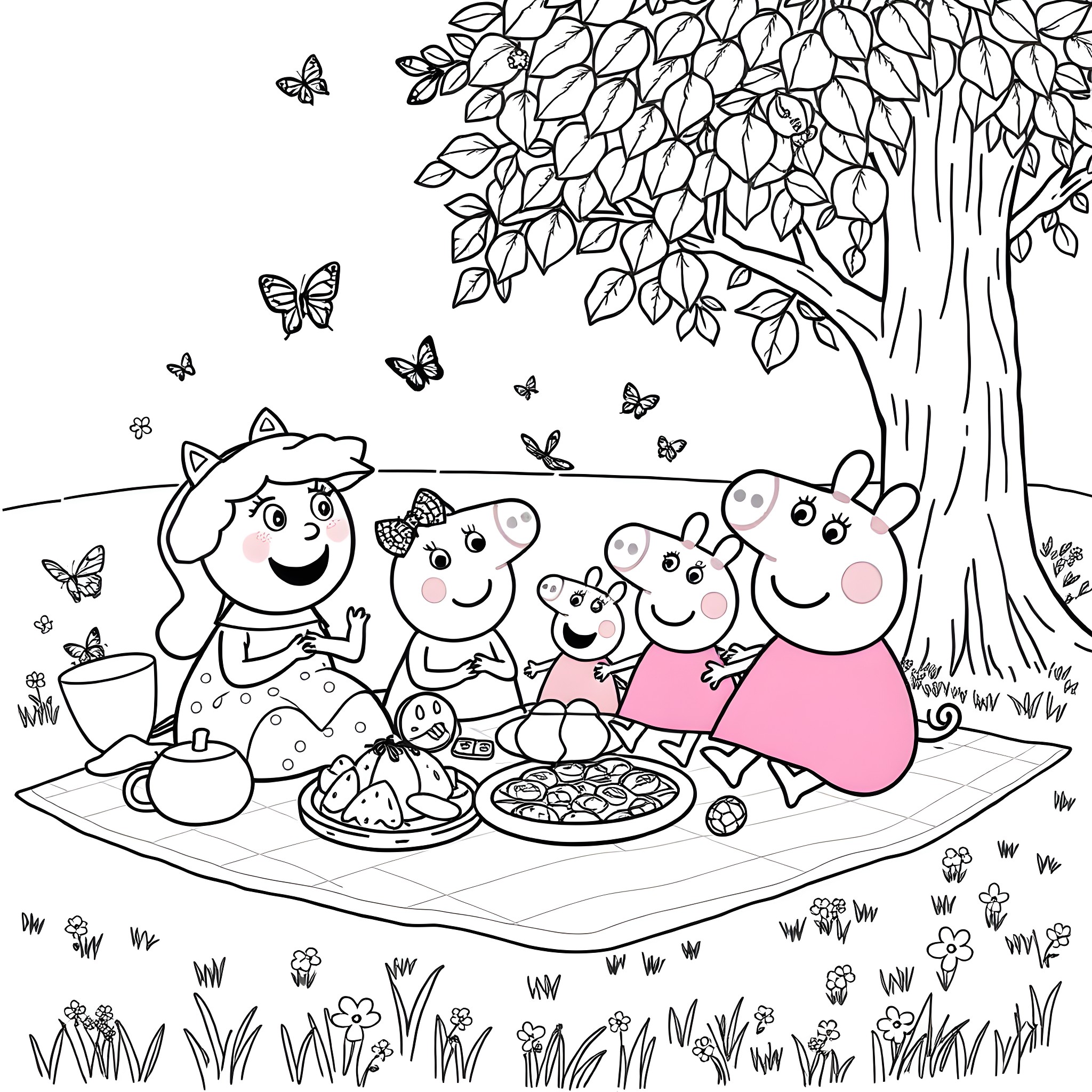 Bluey's Family Picnic Adventure Coloring Page (free black-and-white line drawing printable PDF for all, from beginners to advanced learners, including children, teens, adults, and seniors)