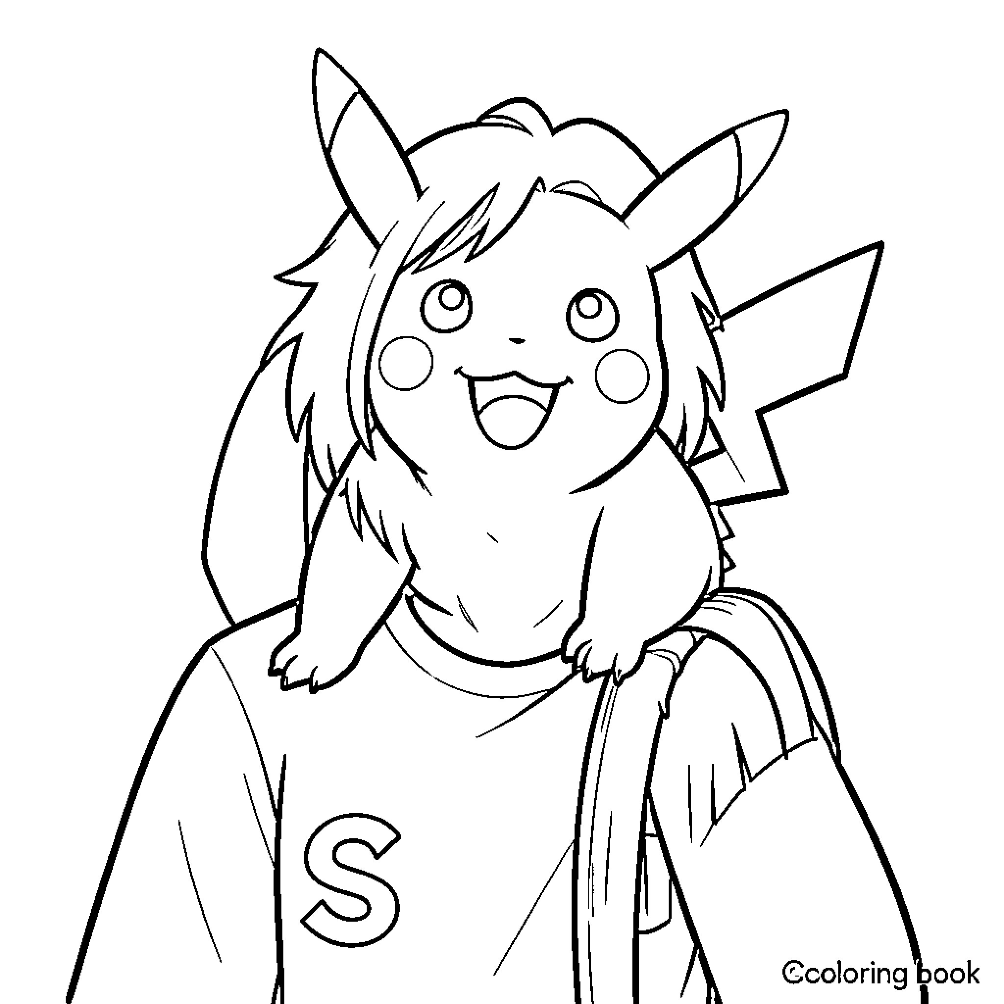 Pikachu in Cheerful Pose with Distinctive Outfit Coloring Page (free black-and-white line drawing printable PDF for all, from beginners to advanced learners, including children, teens, adults, and seniors)