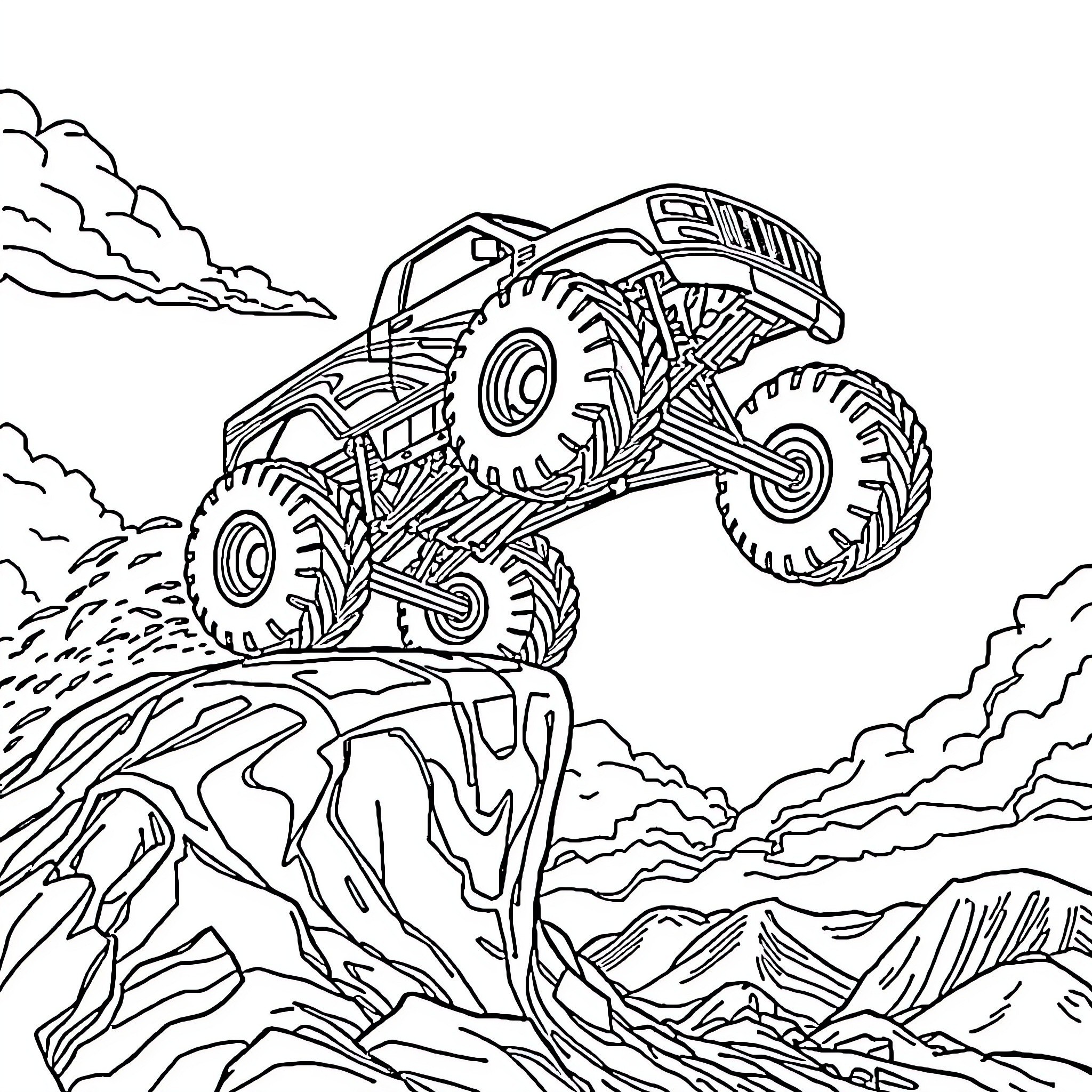 Monster Truck Soaring Over Rugged Terrain Coloring Page (free black-and-white line drawing printable PDF for all, from beginners to advanced learners, including children, teens, adults, and seniors)