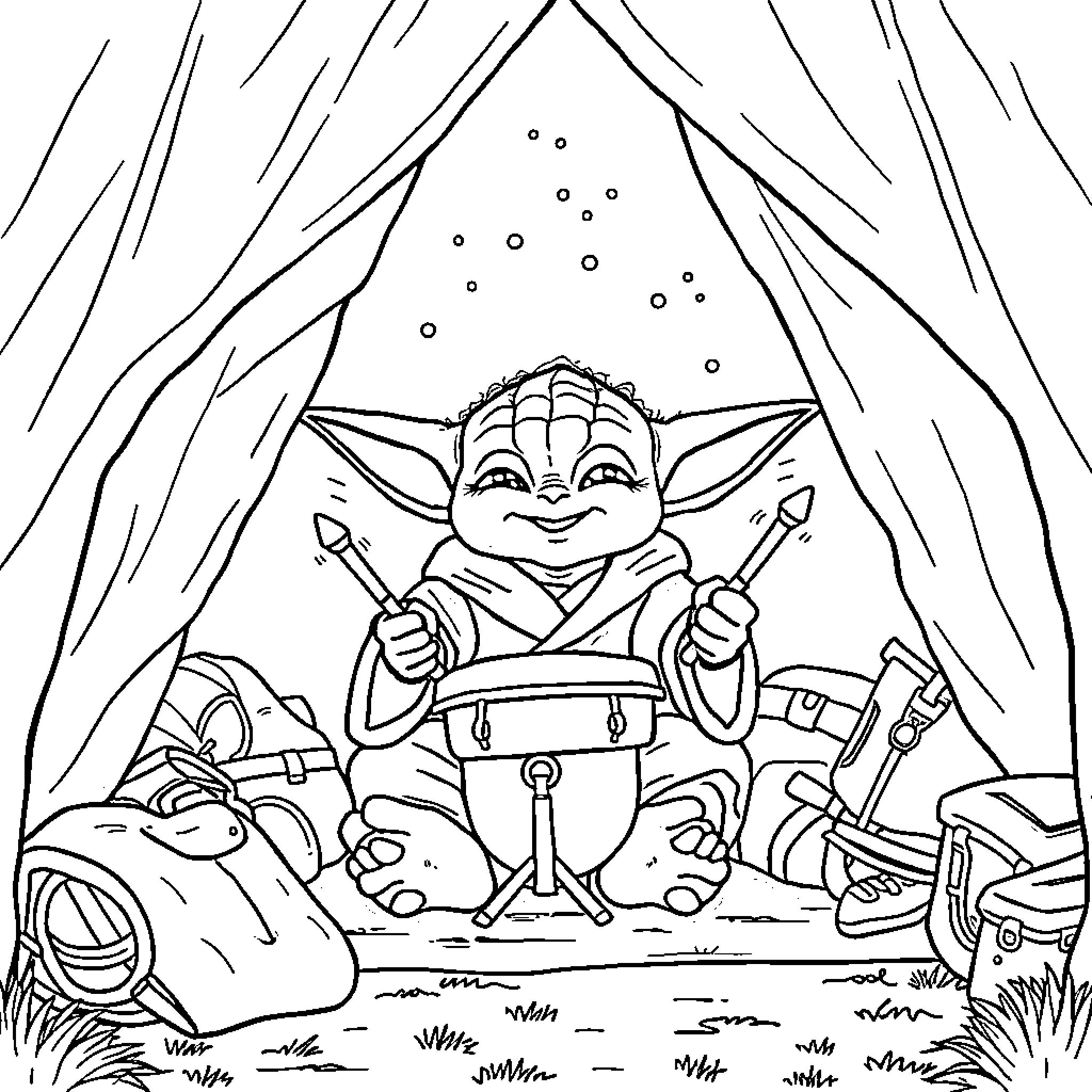 Yoda Tinkering with Mechanical Items in the Wilderness Coloring Page (free black-and-white line drawing printable PDF for all, from beginners to advanced learners, including children, teens, adults, and seniors)