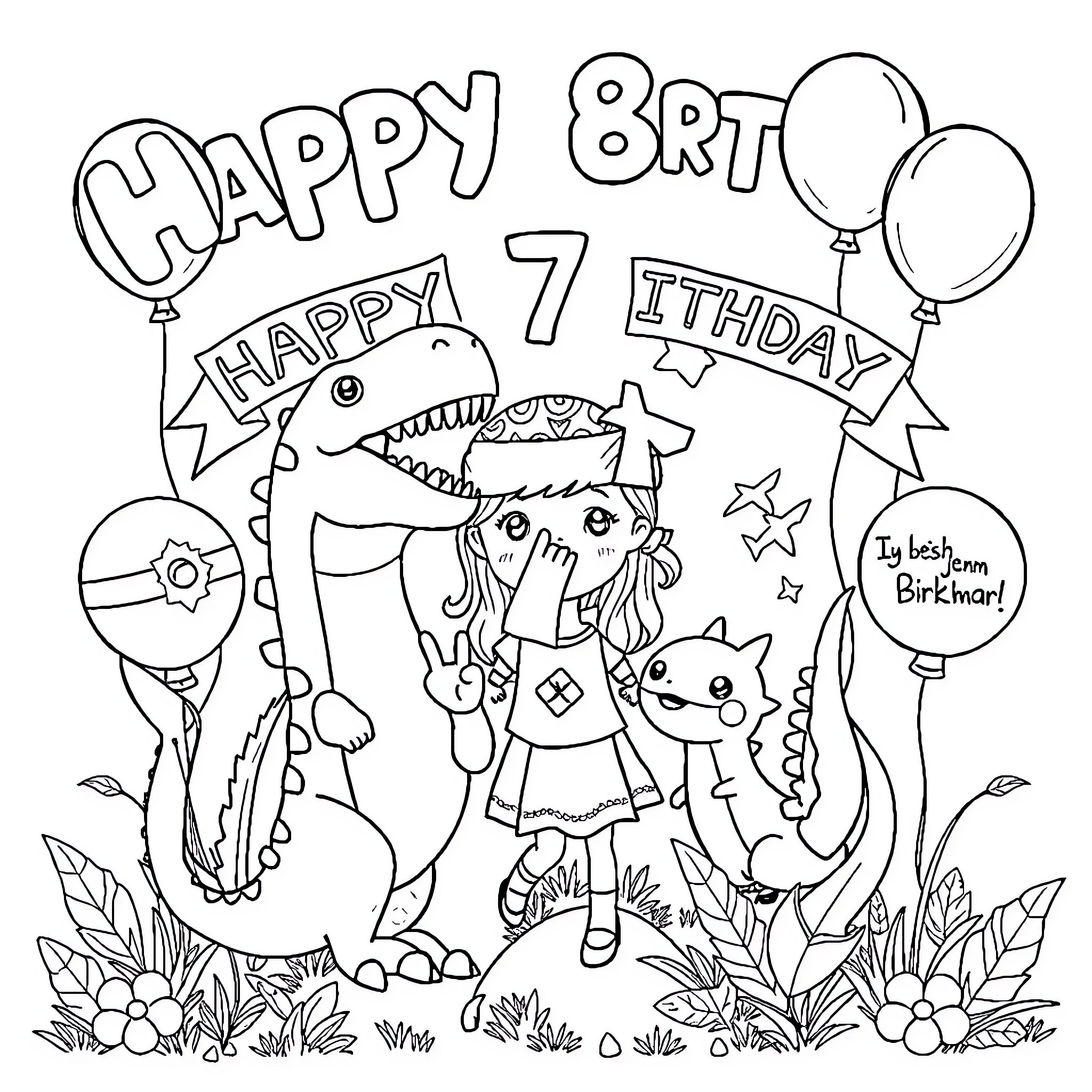 Girl celebrates 8th birthday with dinosaur and balloons Coloring Page (free black-and-white line drawing printable PDF for all, from beginners to advanced learners, including children, teens, adults, and seniors)