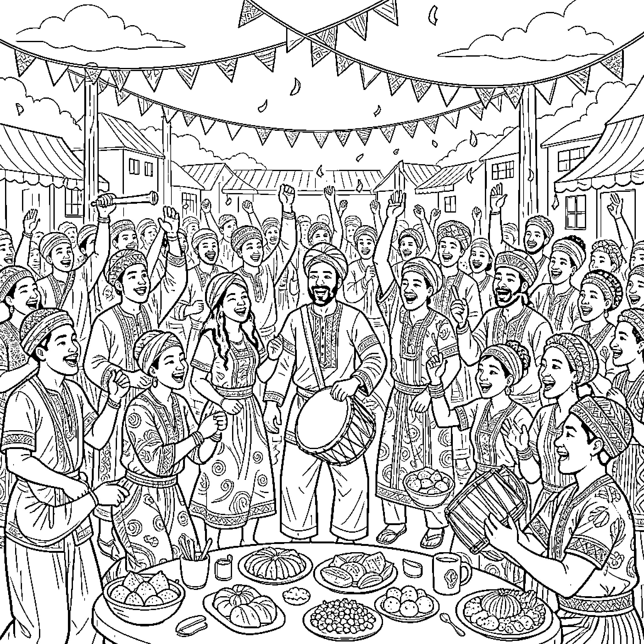 Ethiopian people celebrating joyfully with music and dance Coloring Page (free black-and-white line drawing printable PDF for all, from beginners to advanced learners, including children, teens, adults, and seniors)