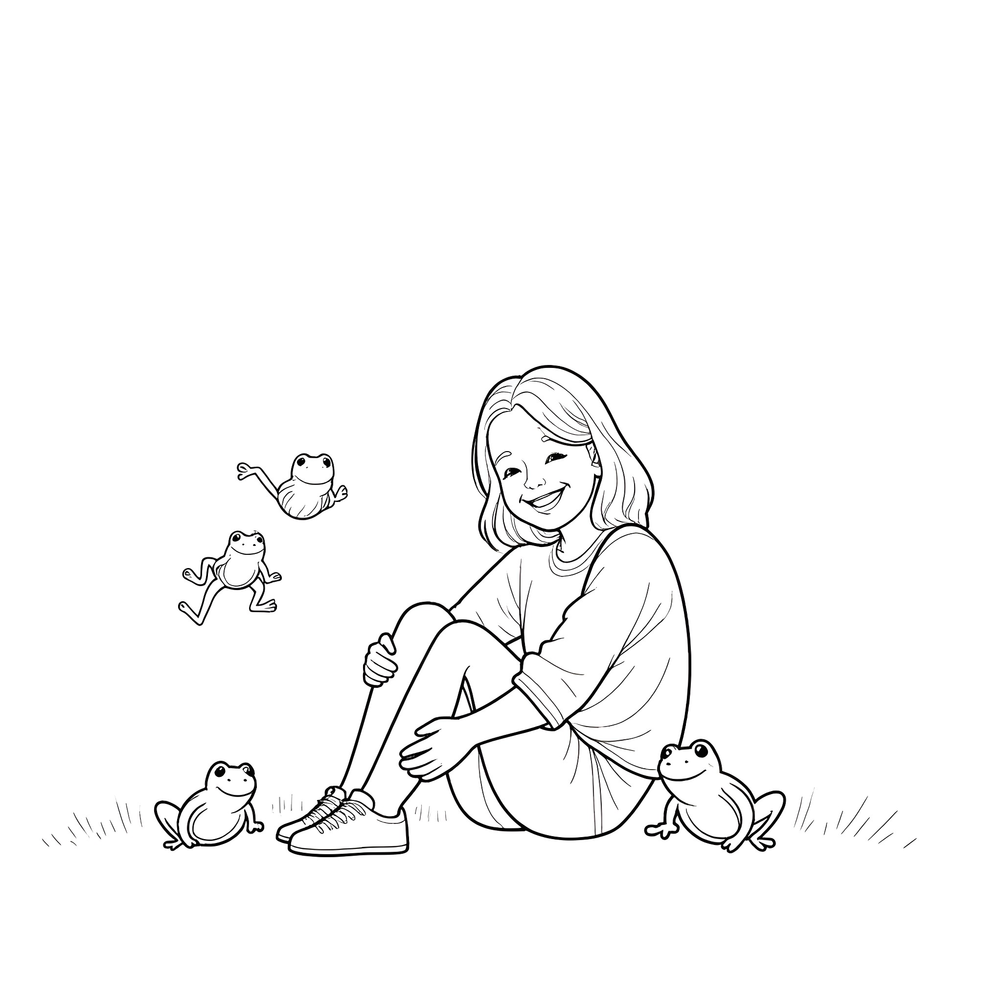 Woman sitting with playful frogs in the meadow Coloring Page (free black-and-white line drawing printable PDF for all, from beginners to advanced learners, including children, teens, adults, and seniors)