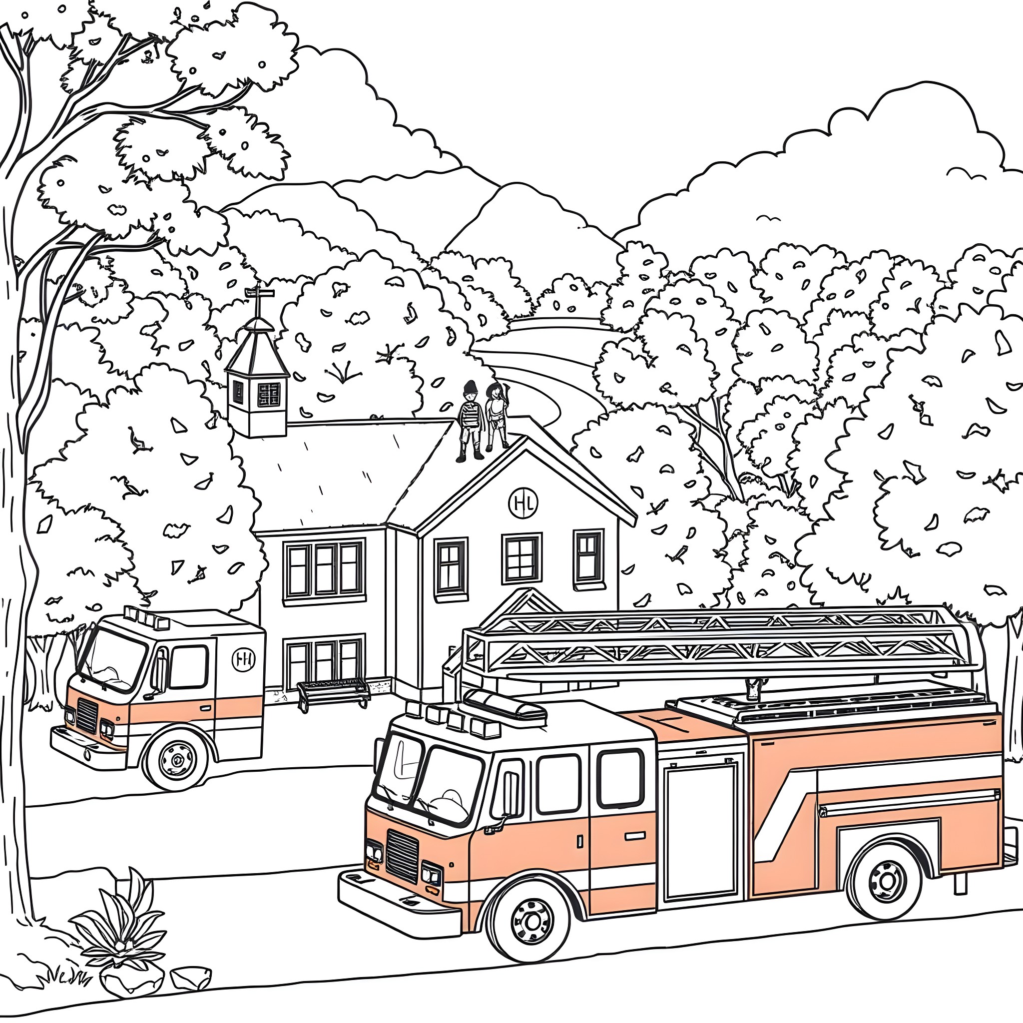 Fire Truck Responding to a Call in a Suburban Neighborhood Coloring Page (free black-and-white line drawing printable PDF for all, from beginners to advanced learners, including children, teens, adults, and seniors)