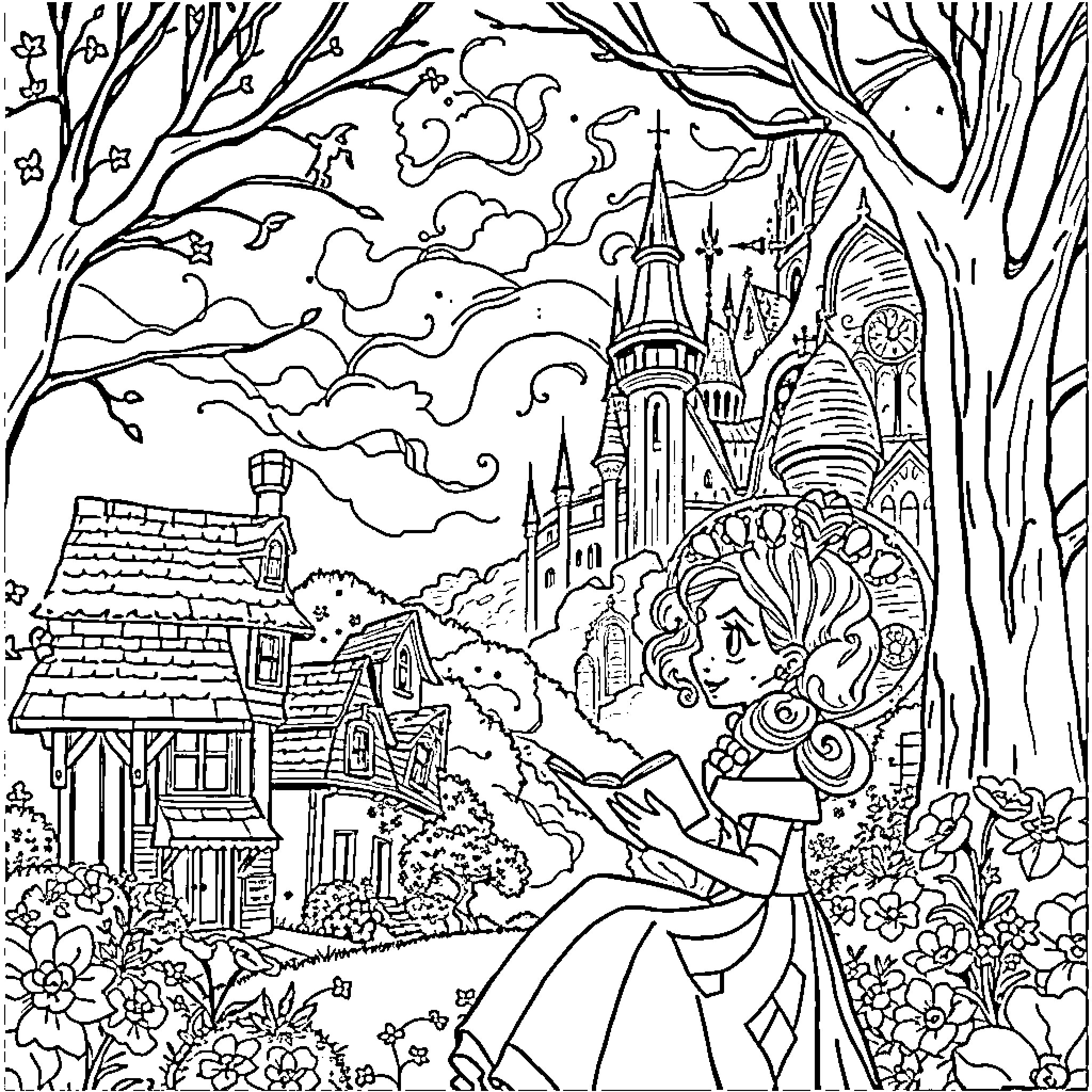 Beauty And The Beast Fairytale Adventure In The Forest Coloring Page (free black-and-white line drawing printable PDF for all, from beginners to advanced learners, including children, teens, adults, and seniors)
