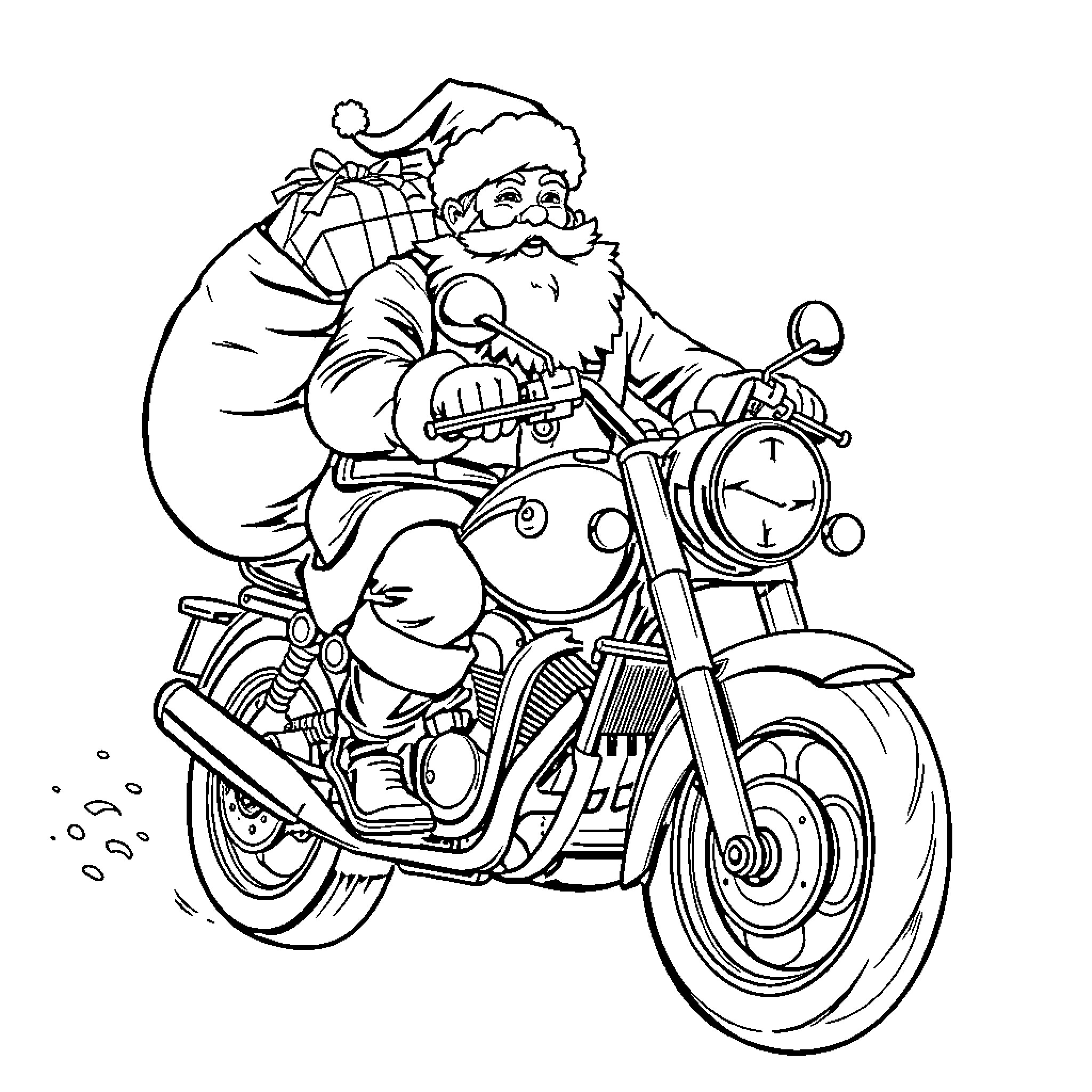 Santa riding a motorcycle with a sack of gifts Coloring Page (free black-and-white line drawing printable PDF for all, from beginners to advanced learners, including children, teens, adults, and seniors)