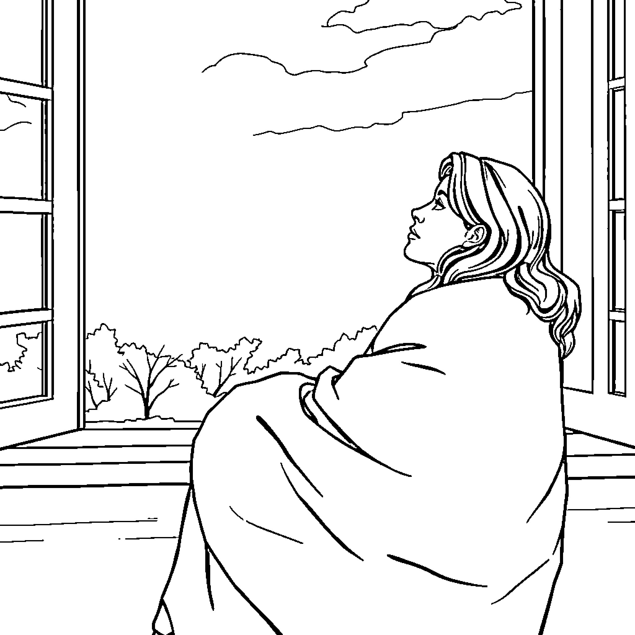 Woman looking out the window at the scenery Coloring Page (free black-and-white line drawing printable PDF for all, from beginners to advanced learners, including children, teens, adults, and seniors)