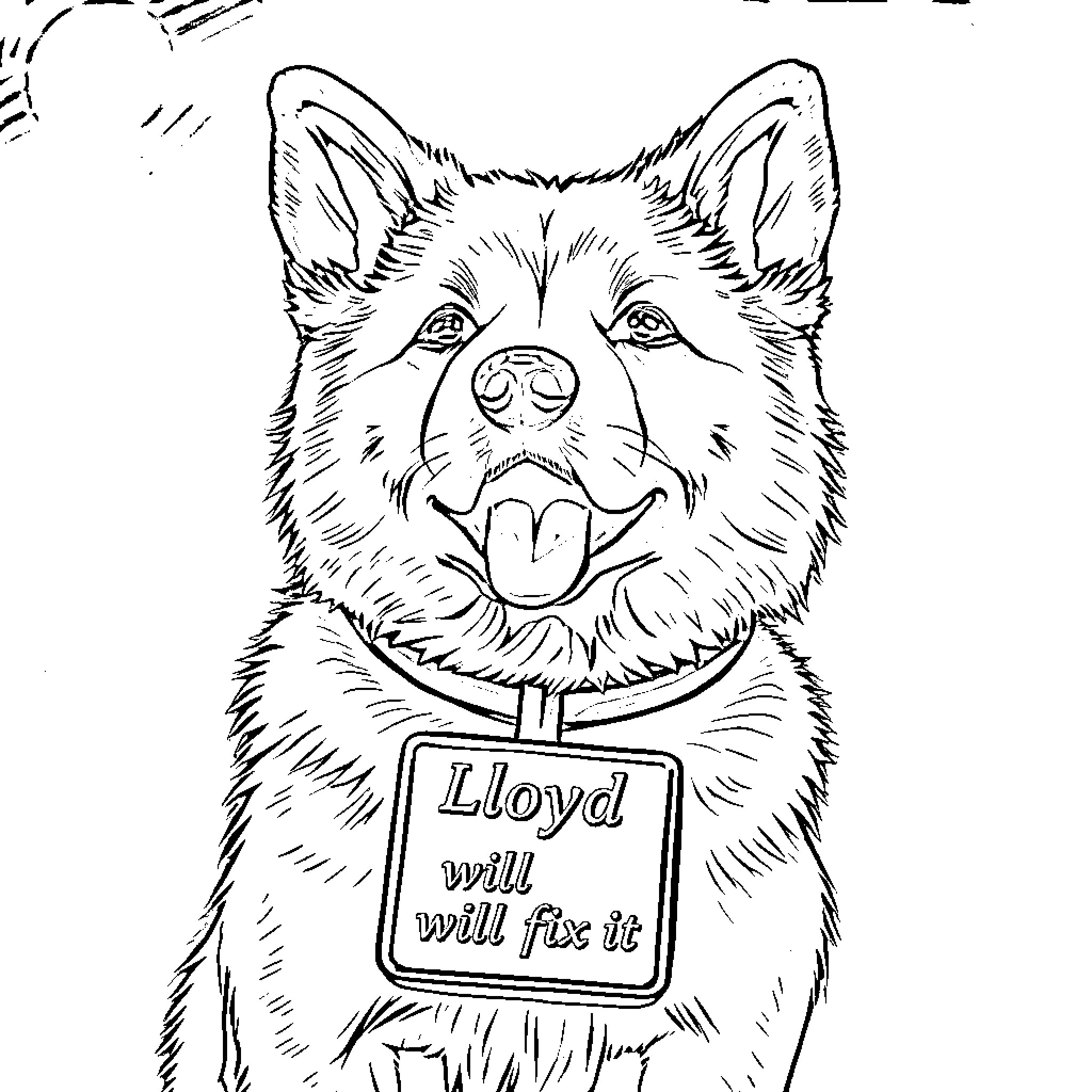 Akita dog with a sign that says 'Lloyd will fix it' Coloring Page (free black-and-white line drawing printable PDF for all, from beginners to advanced learners, including children, teens, adults, and seniors)