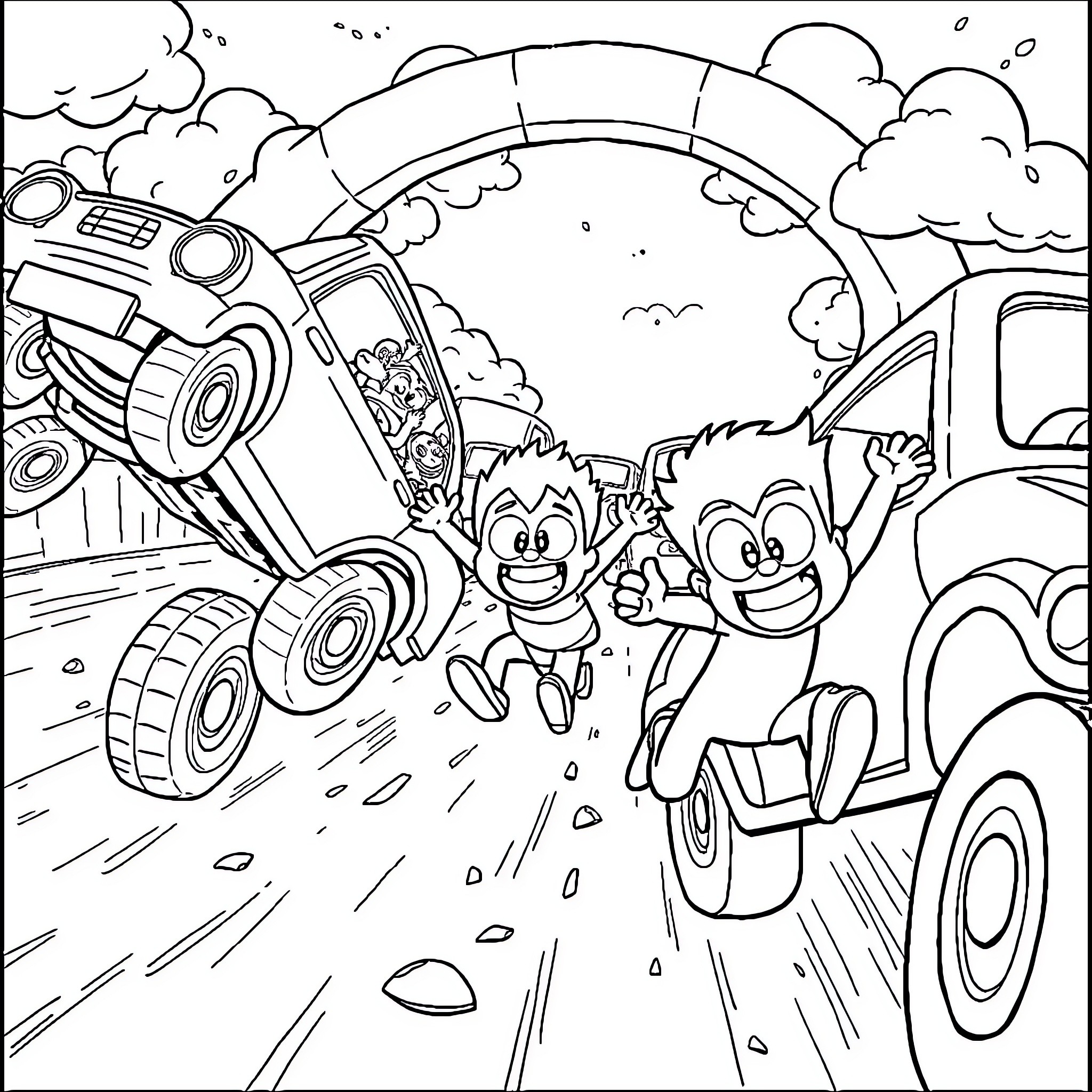 Stumble Guys Chaotic Race and Adventure Coloring Page (free black-and-white line drawing printable PDF for all, from beginners to advanced learners, including children, teens, adults, and seniors)